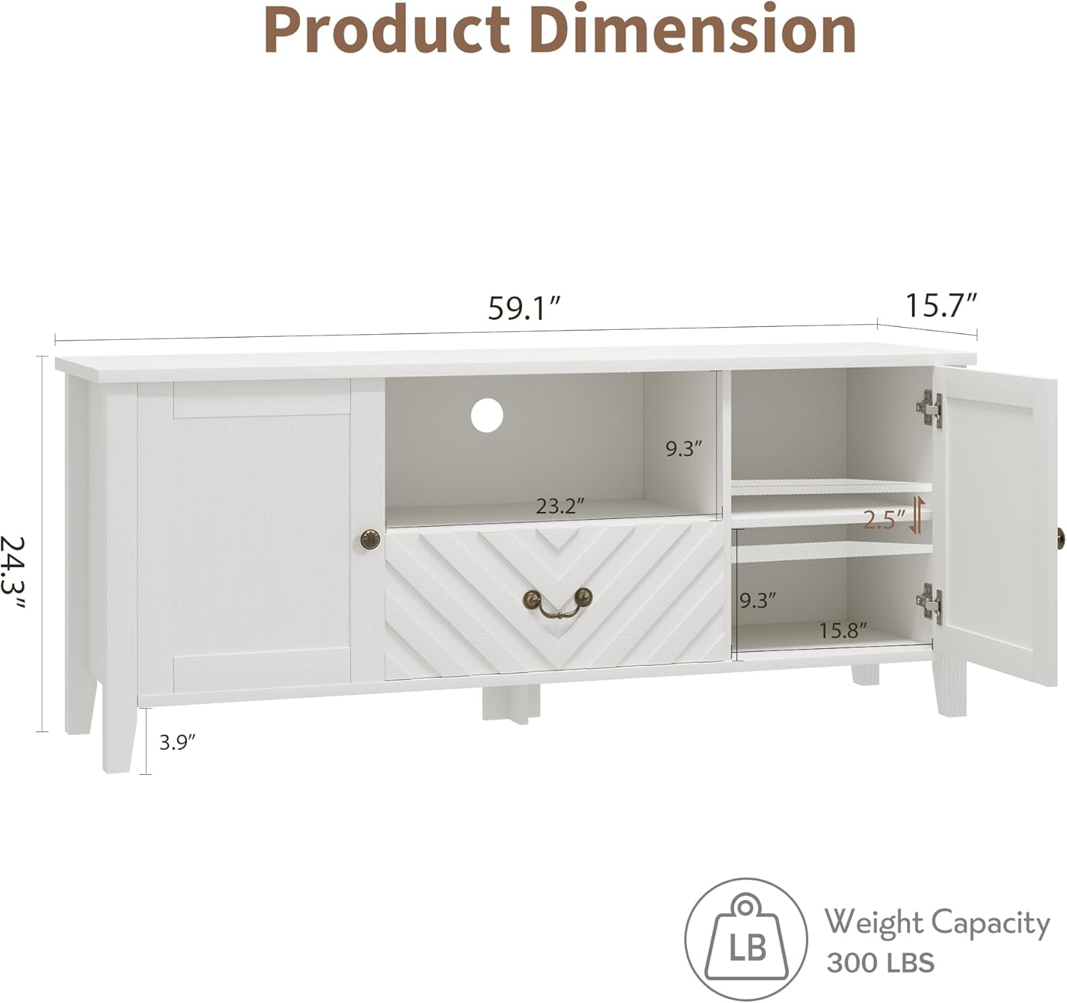 Product Dimension: 59.1" x 15.7" x 9.3" x 24.3" x 23.2" x 9.3" x 2.5" x 15.8" x 3.9"  
Weight Capacity: 300 LBS