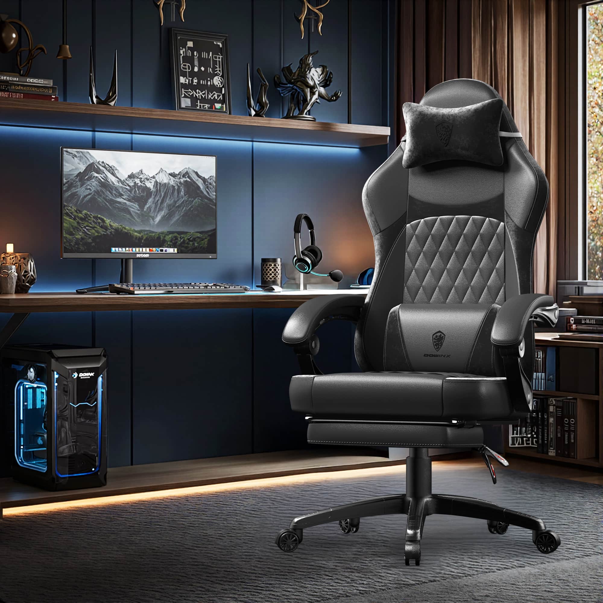 Dowinx - Ergonomic Gaming Chair with Pocket Spring Cushion and Massage Lumbar Support - Black