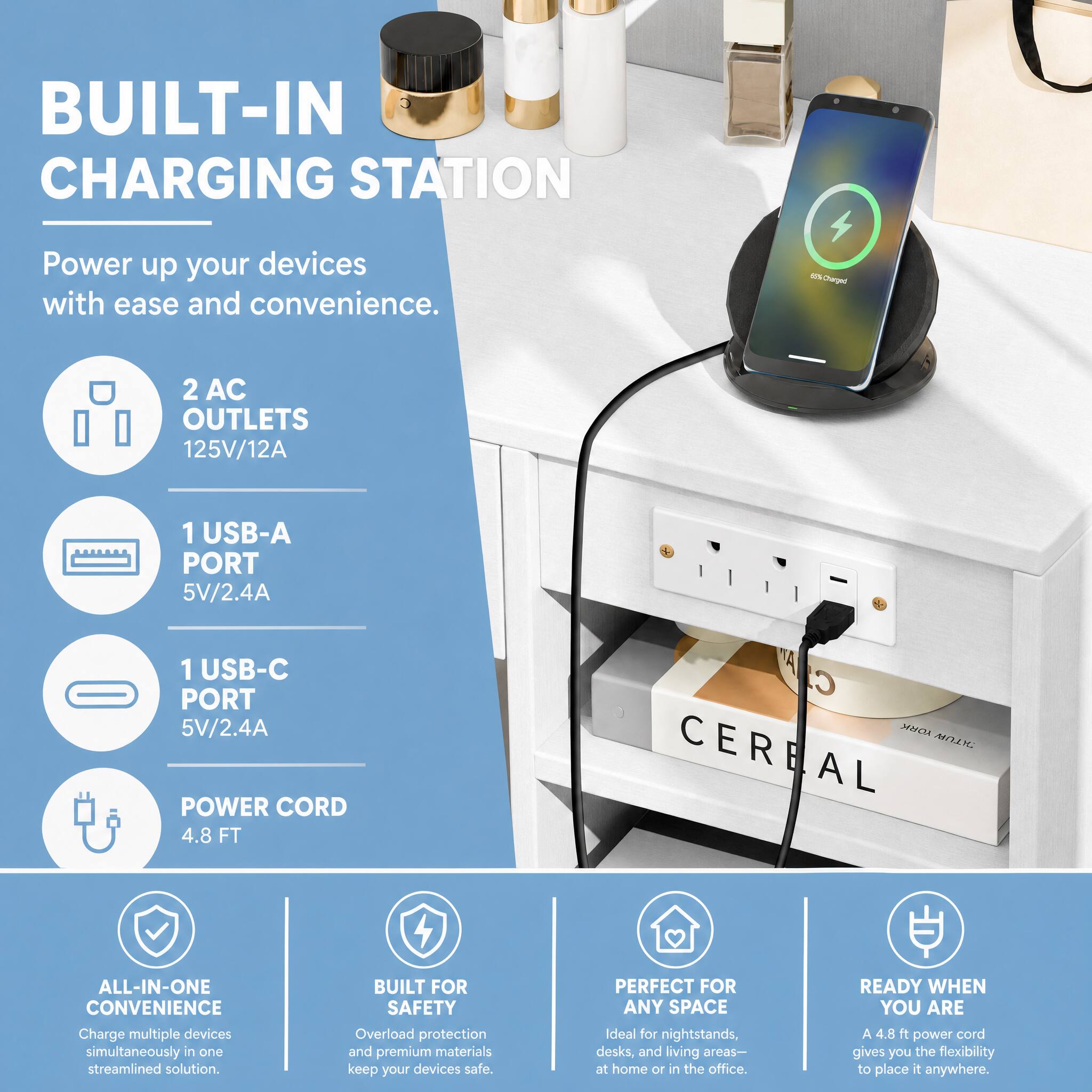 BUILT-IN CHARGING STATION

Power up your devices with ease and convenience.

2 AC OUTLETS 125V/12A
1 USB-A PORT 5V/2.4A
1 USB-C PORT 5V/2.4A
POWER CORD 4.8 FT

ALL-IN-ONE CONVENIENCE
Charge multiple devices simultaneously in one streamlined solution.

BUILT FOR SAFETY
Overload protection and premium materials keep your devices safe.

PERFECT FOR ANY SPACE
Ideal for nightstands, desks, and living areas— at home or in the office.

READY WHEN YOU ARE
A 4.8 ft power cord gives you the flexibility to place it anywhere.