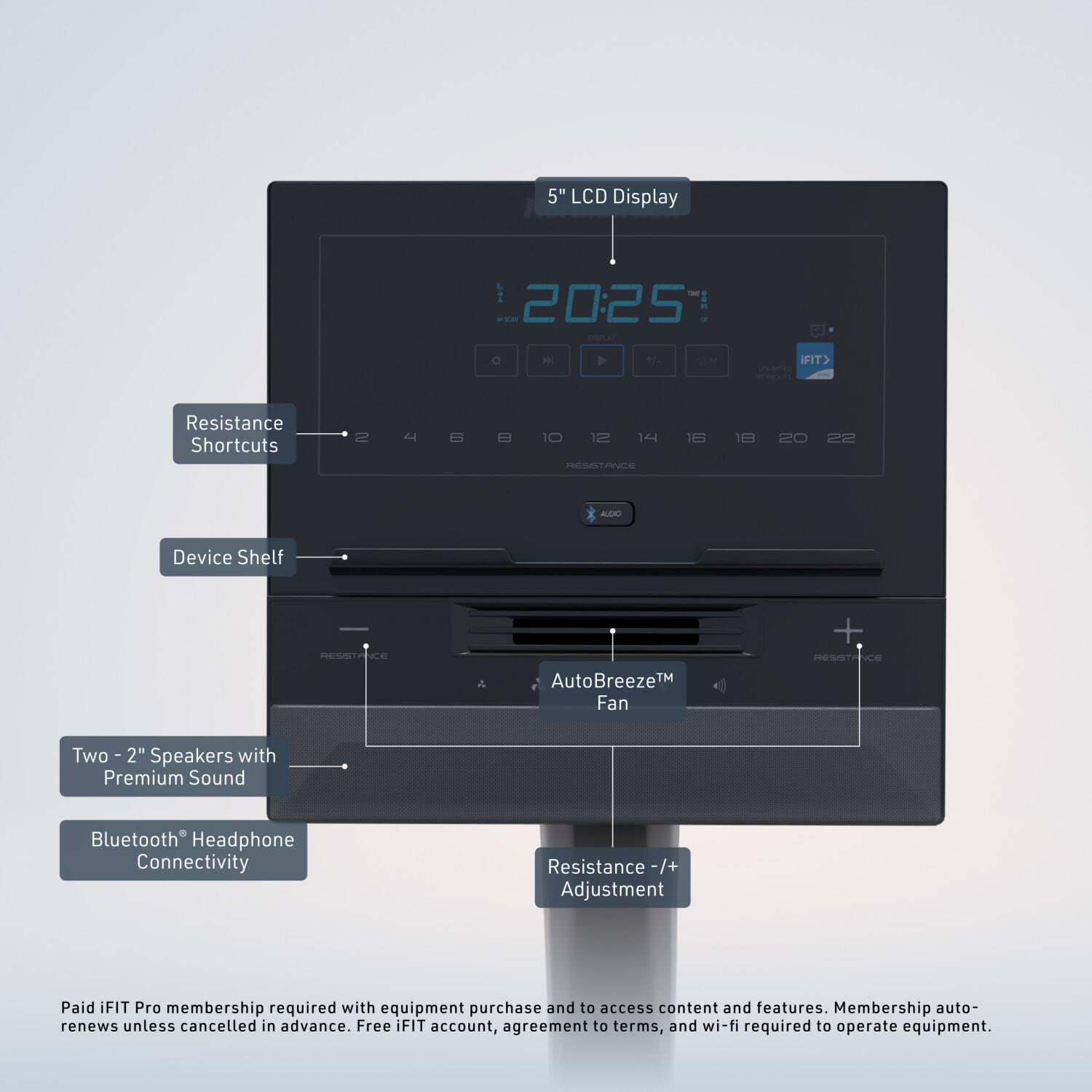 5" LCD Display  
- 20:25  
- Resistance Shortcuts: 2, 4, 6, 8, 10, 12, 14, 16, 18, 20, 22  
- Device Shelf  
- AutoBreeze™ Fan  
- Two 2" Speakers with Premium Sound  
- Bluetooth® Headphone Connectivity  
- Resistance +/- Adjustment  

Paid iFIT Pro membership required with equipment purchase and to access content and features. Membership auto-renews unless cancelled in advance. Free iFIT account, agreement to terms, and wi-fi required to operate equipment.