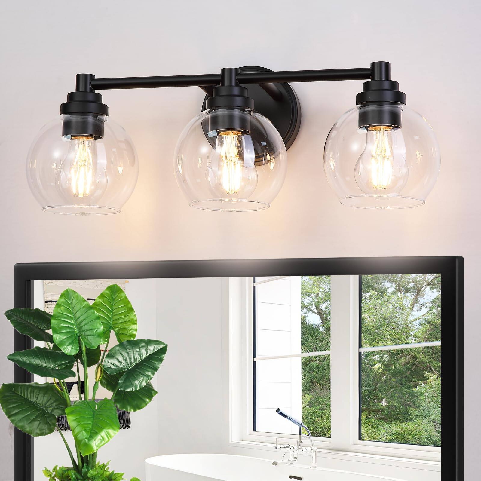 Front. HM 1810 - Upgrade Matte Bathroom Light Fixtures Modern Vanity With Globe Glass Shade Lights Over Mirror For Bedroom K - Black.