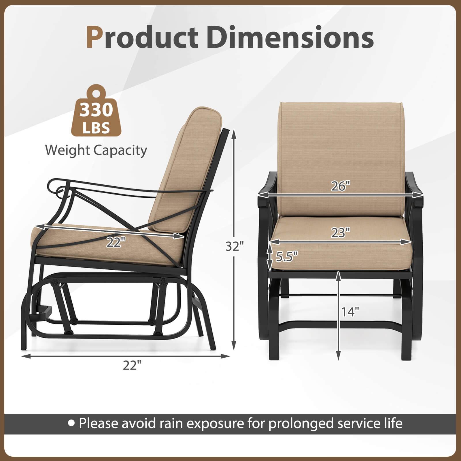 Product Dimensions  
330 LBS Weight Capacity  
26" x 22" x 32" x 5.5" x 23" x 14" x 22"  

Please avoid rain exposure for prolonged service life