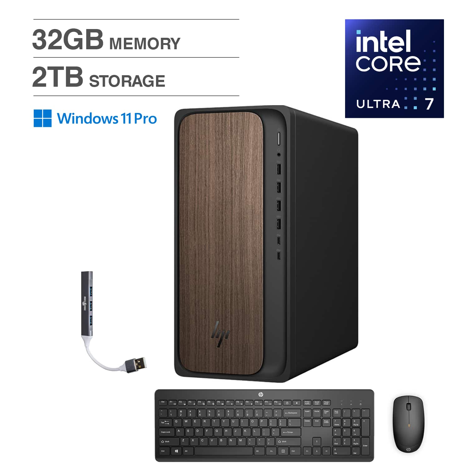 HP - OmniDesk Desktop (Intel Ultra 7-265, 32GB DDR5, 2TB PCIe SSD, Intel Graphics, Win 11 Pro) w/USB Hub - Dark Wood