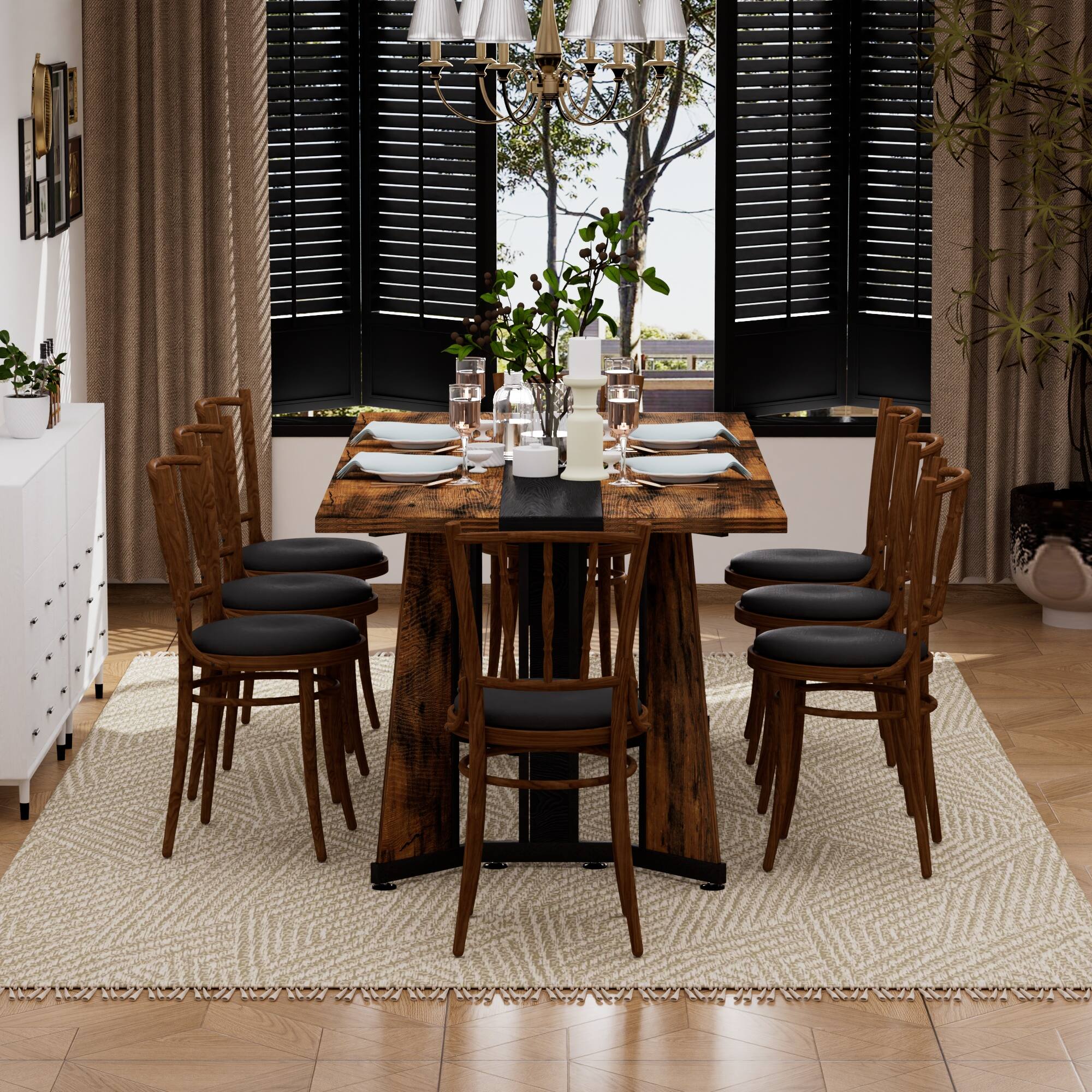 Back. Tiramisubest - 70.9"Rectangular Waterproof Large Dining Table for 8 People,Deluxe Family Dining Table with Adjustable Legs,Rustic Brown - Black,Rustic Brown.