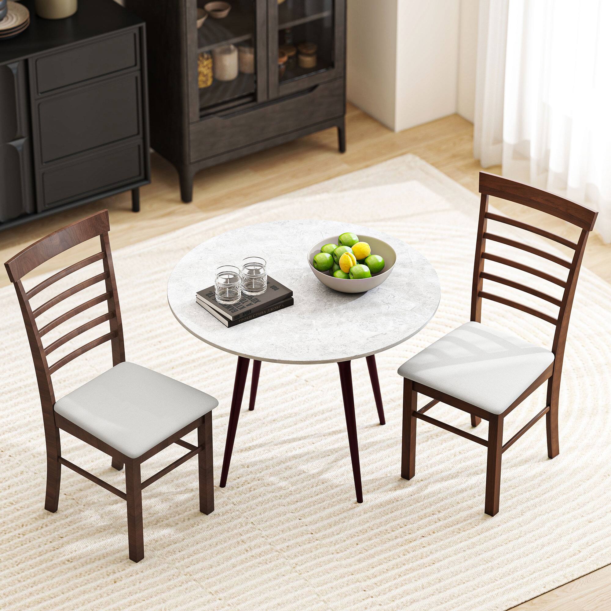 Alt View 1. Homcom - Wooden Dining Chairs Set of 2, Farmhouse Upholstered, Rubber Wood Frame, Dark Brown & Beige - Dark Brown and Beige.