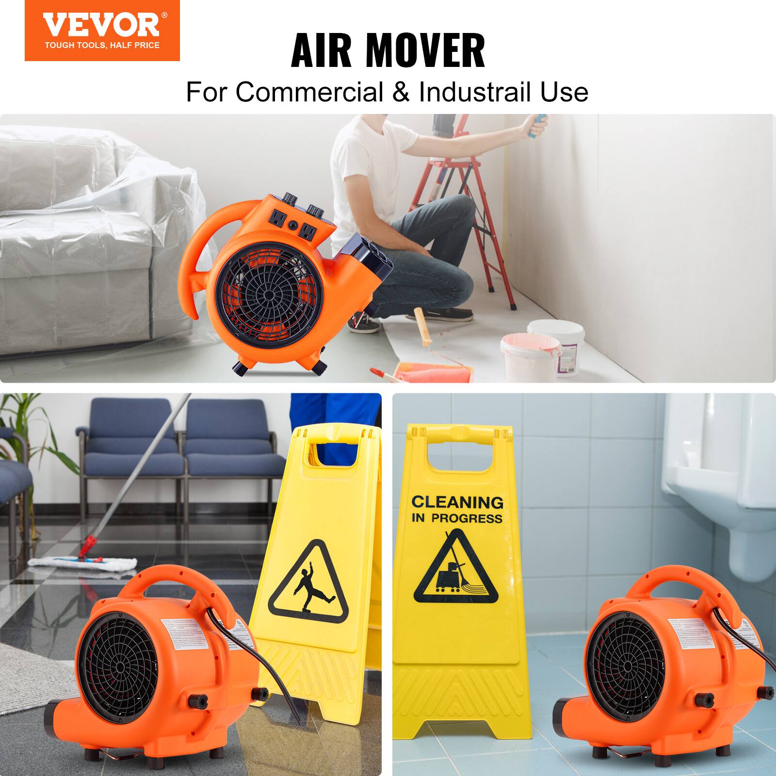 VEVOR TOUGH TOOLS, HALF PRICE AIR MOVER For Commercial & Industrial Use CLEANING IN PROGRESS