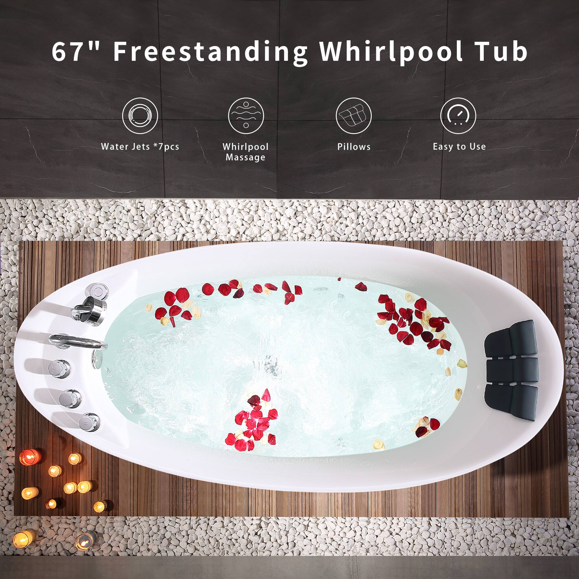 67" Freestanding Whirlpool Tub

- Water Jets *7pcs
- Whirlpool Massage
- Pillows
- Easy to Use