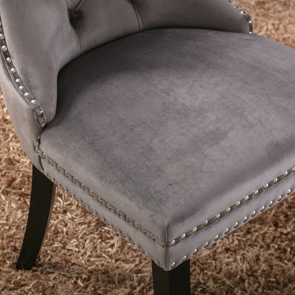 Alt View 6. Loheer - Loheer Gray Velvet Dining Chairs Set of 2 Tufted Solid Wood Upholstered Mid-Century Modern Seating with Nailhead Trim - Gray.