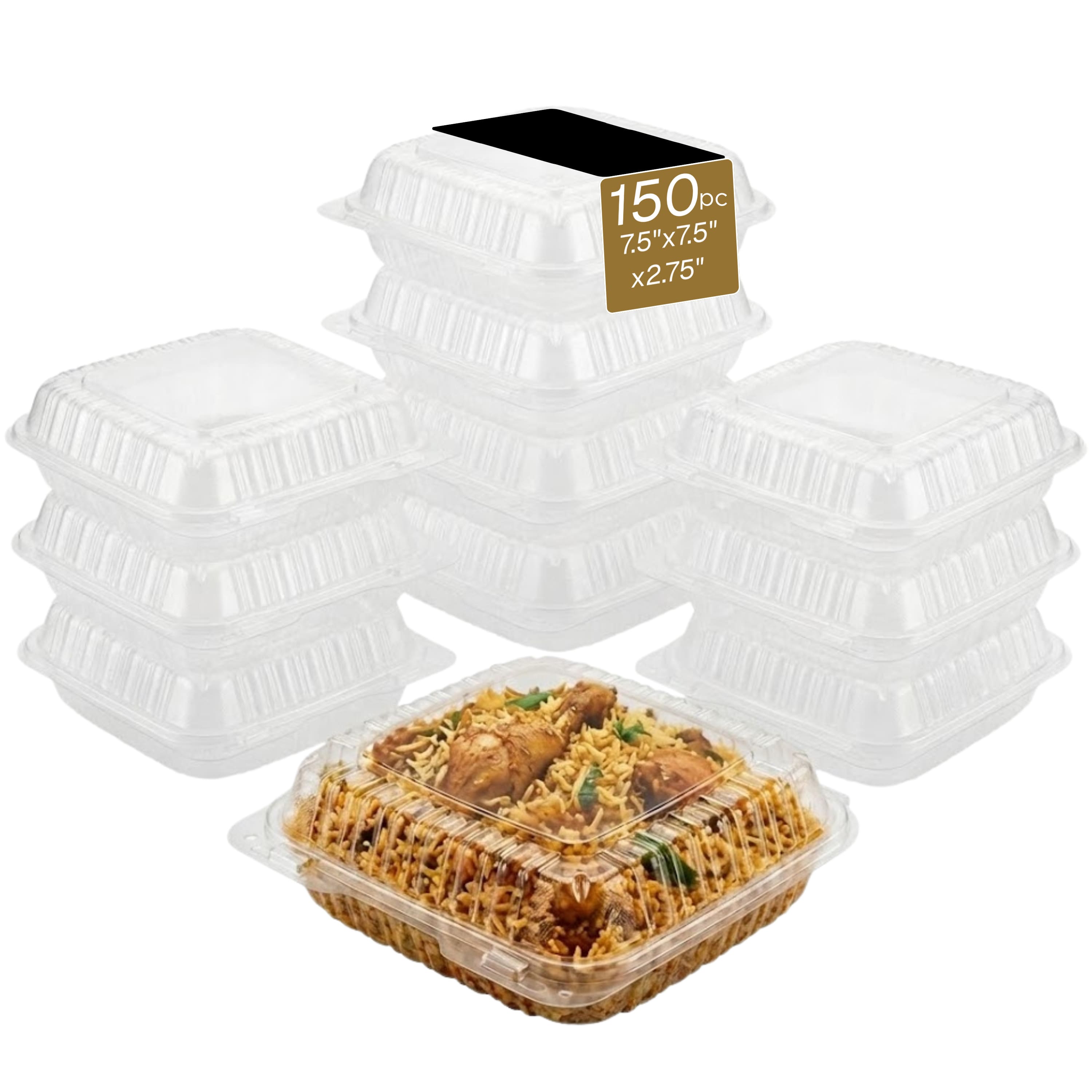 Eco Harmony Products - Hinged Container (PP), Translucent, Vented, 7.5" x 7.5", 150-Pack - Clear
