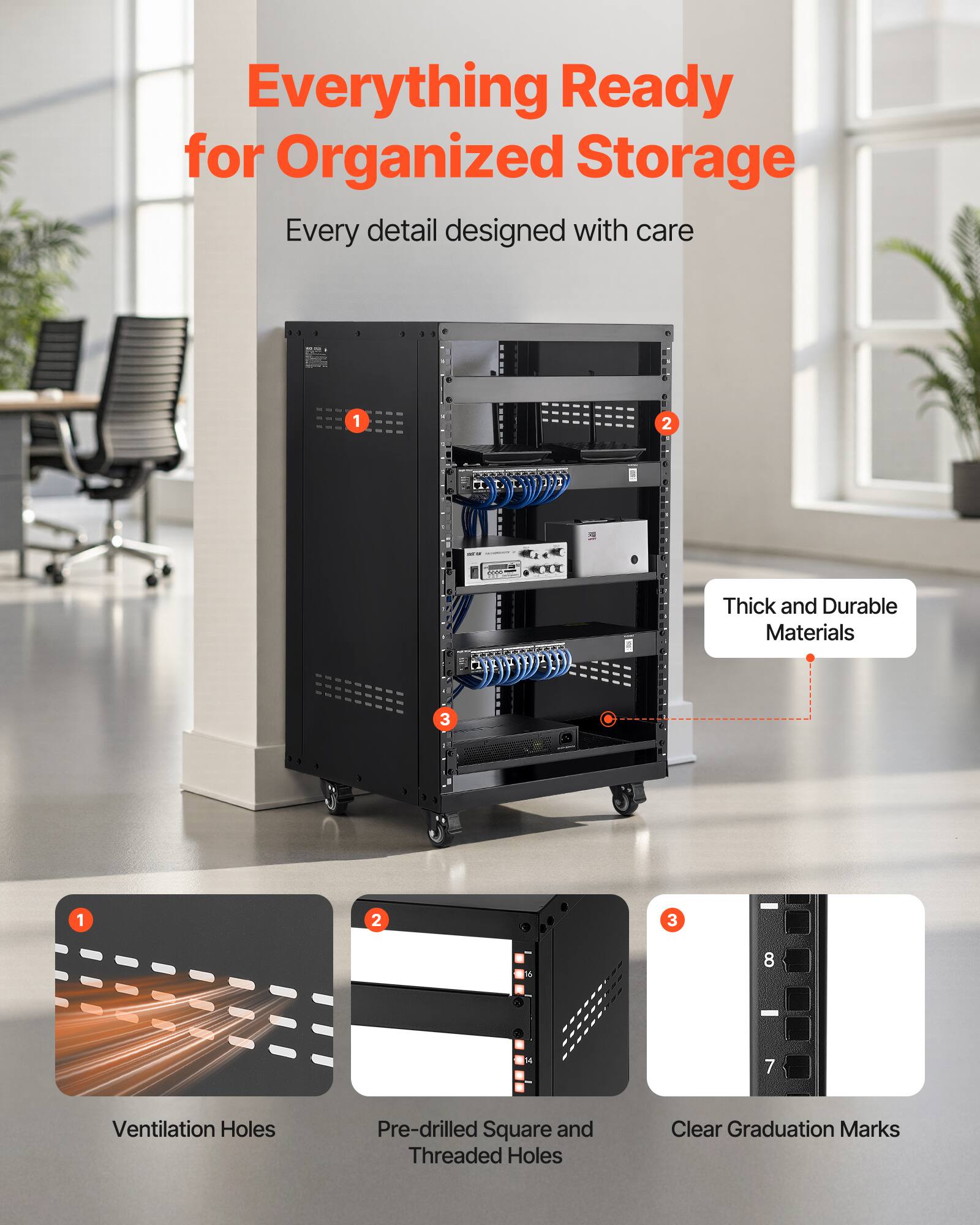 Everything Ready for Organized Storage  
Every detail designed with care  

1. Thick and Durable Materials  
2. Ventilation Holes  
3. Pre-drilled Square and Threaded Holes  
4. Clear Graduation Marks