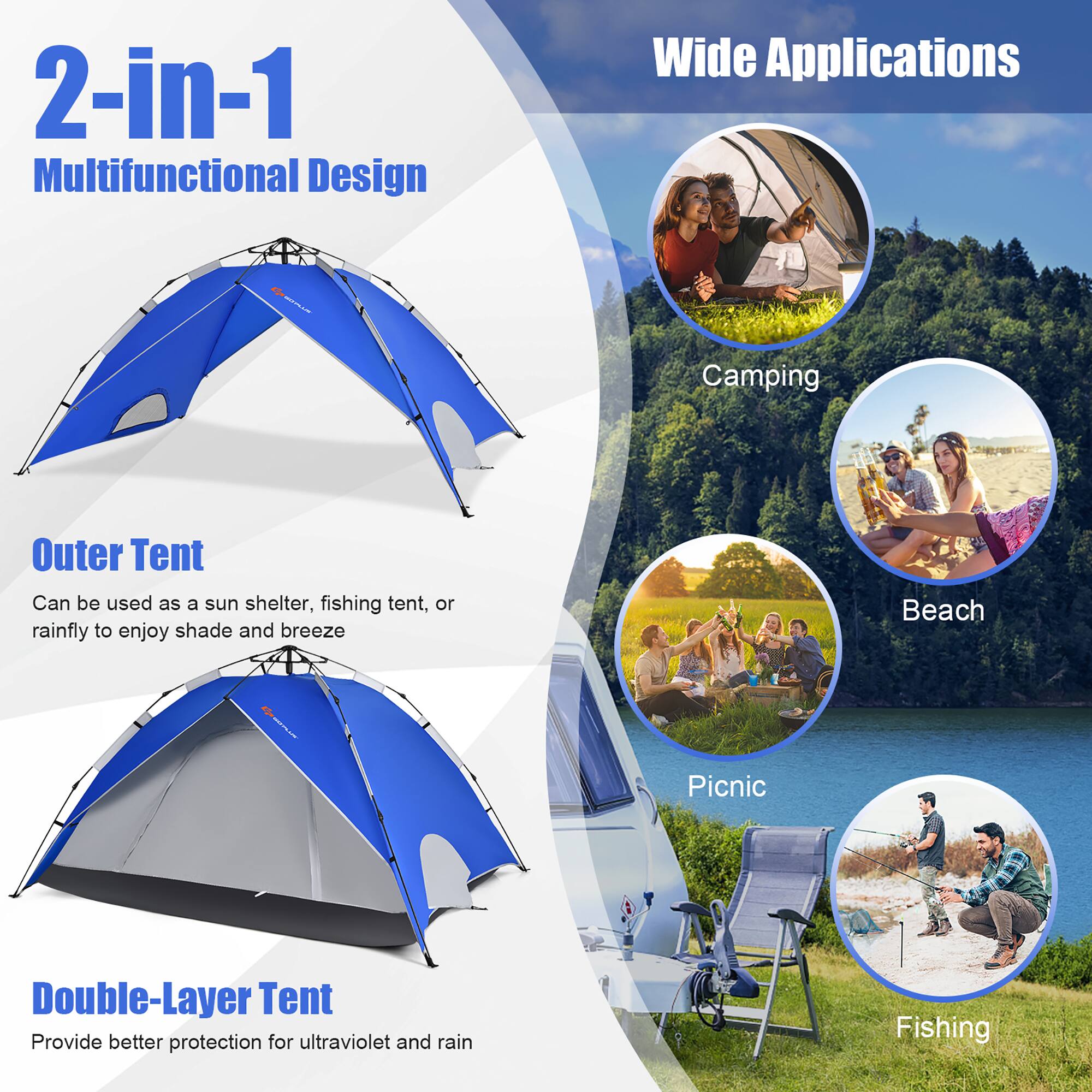 2-in-1 Multifunctional Design: Wide Applications - Camping, Outer Tent, Sun Shelter, Fishing Tent, Rainfly, Beach Picnic, Double-Layer Tent, Provide Better Protection for Ultraviolet and Rain.