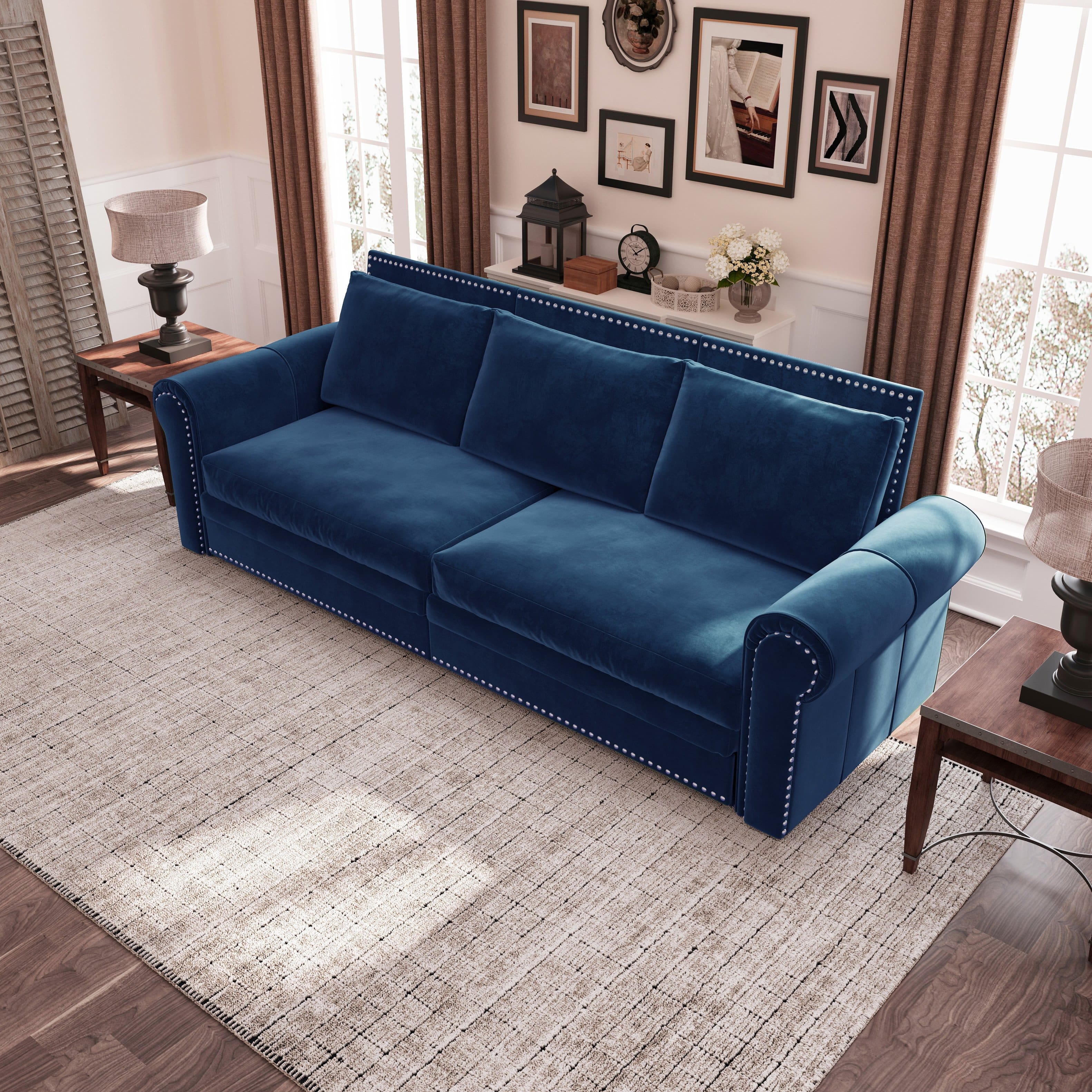 Anysun - 93.7" 3-in-1 Velvet Convertible Sofa Bed - King Pull-Out Sleeper, Nailhead Trim & Rolled Arms for Living Room & Bedroom - Blue