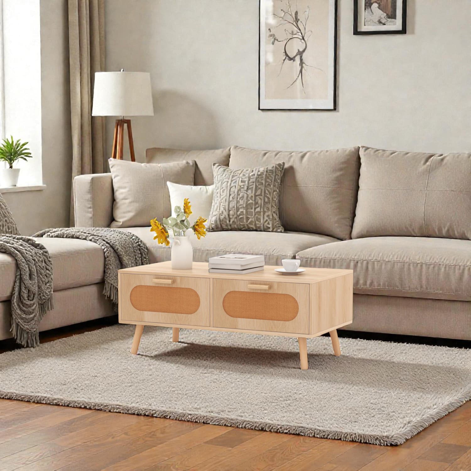 Hivvago - Elegant Mid-Century Modern Center Table with Built-In Drawers - Natural