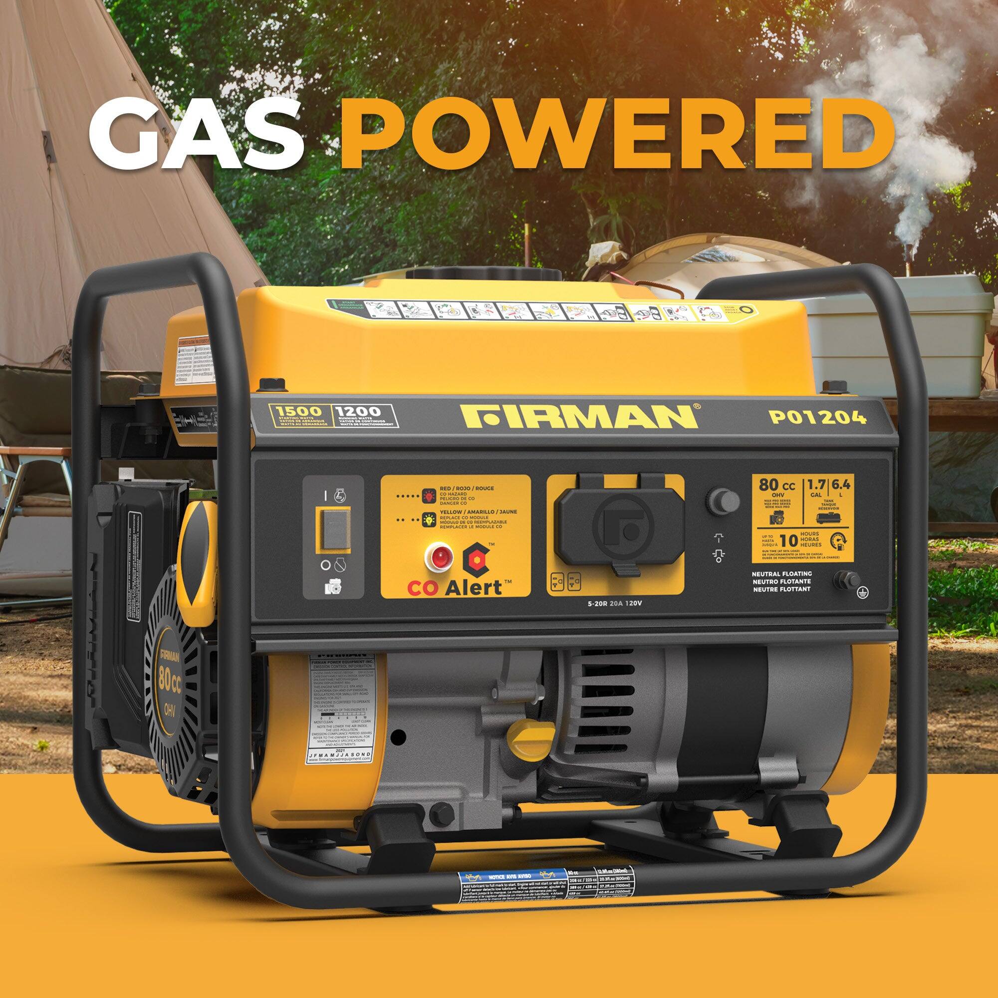 GAS POWERED  
1500 1200  
FIRMAN  
P01204  
80 CC  
1.7/6.4  
CO Alert  
10  
80cc