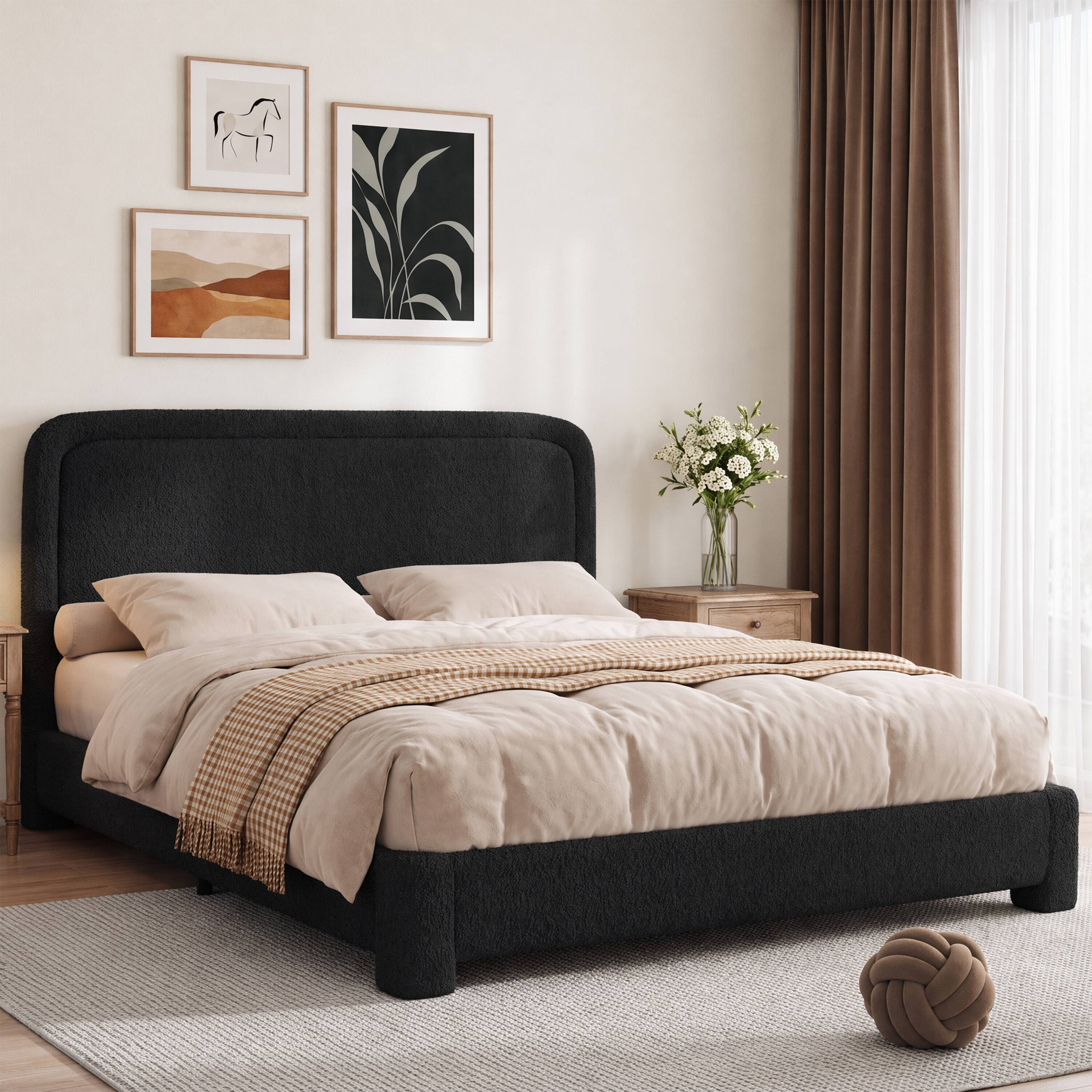 Alt View 7. Vipbear - F/Q/K Upholstered Bed Frame with Adjustable Headboard, Curved Sherpa Platform Bed Frame, No Box Spring Required - Black.