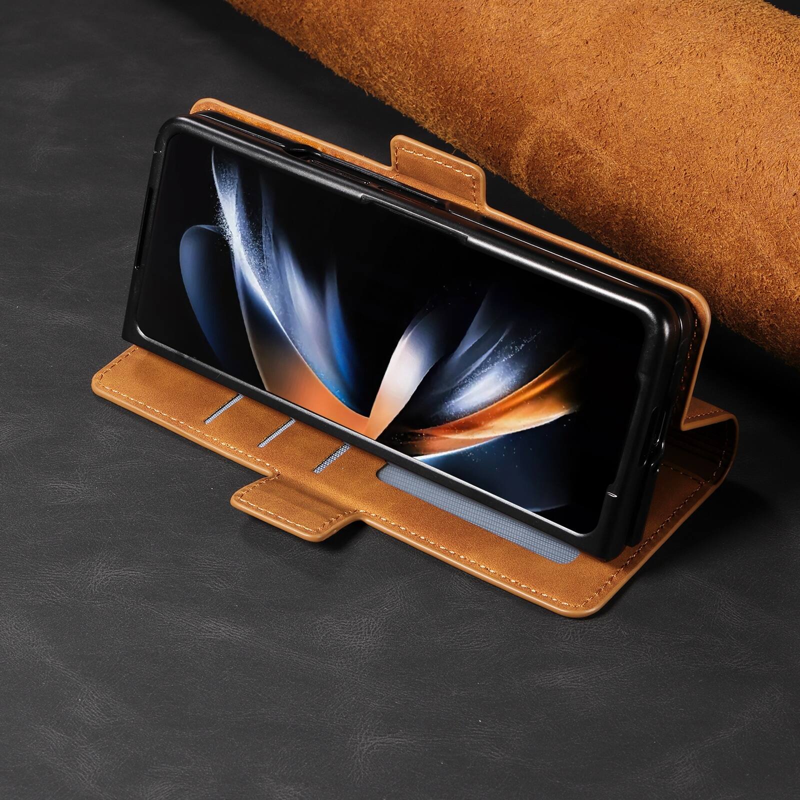 Alt View 2. Dteck - Shockproof PU Leather Case for Samsung Galaxy Z Fold 8 Ultra, Wallet RFID Blocking with Card Slots Flip Stand Cover - Brown.