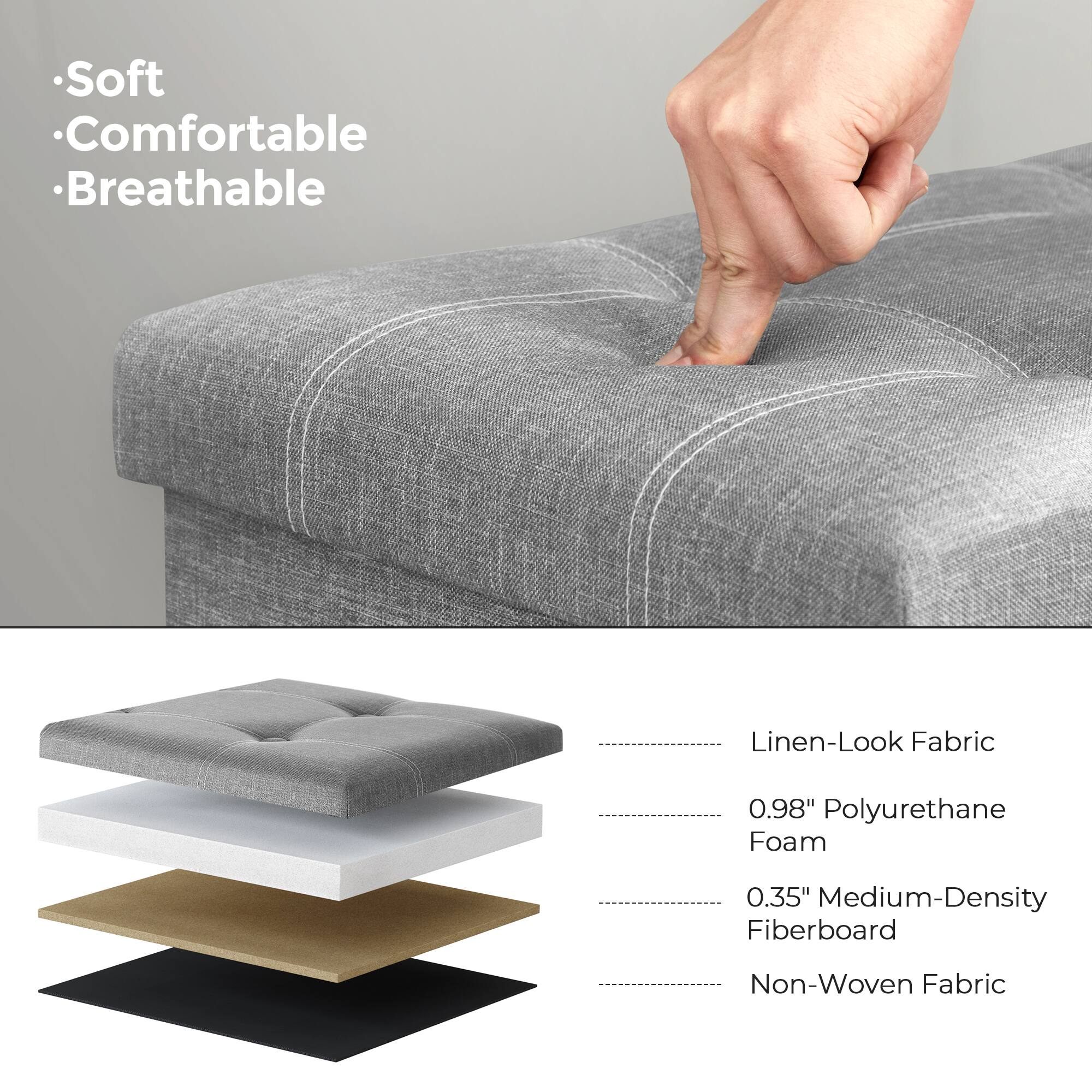 - Soft
- Comfortable
- Breathable

Linen-Look Fabric

0.98" Polyurethane Foam

0.35" Medium-Density Fiberboard

Non-Woven Fabric