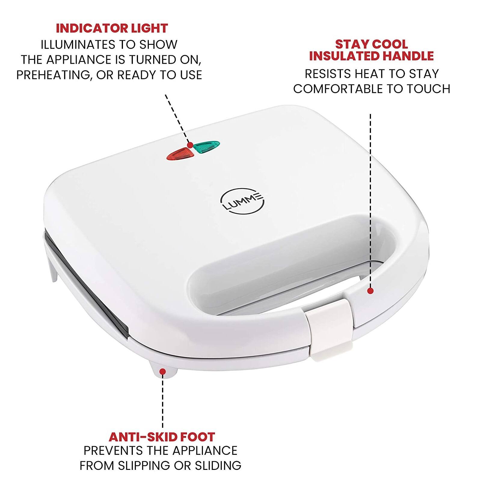INDICATOR LIGHT ILLUMINATES TO SHOW THE APPLIANCE IS TURNED ON, PREHEATING, OR READY TO USE

STAY COOL INSULATED HANDLE RESISTS HEAT TO STAY COMFORTABLE TO TOUCH

ANTI-SKID FOOT PREVENTS THE APPLIANCE FROM SLIPPING OR SLIDING