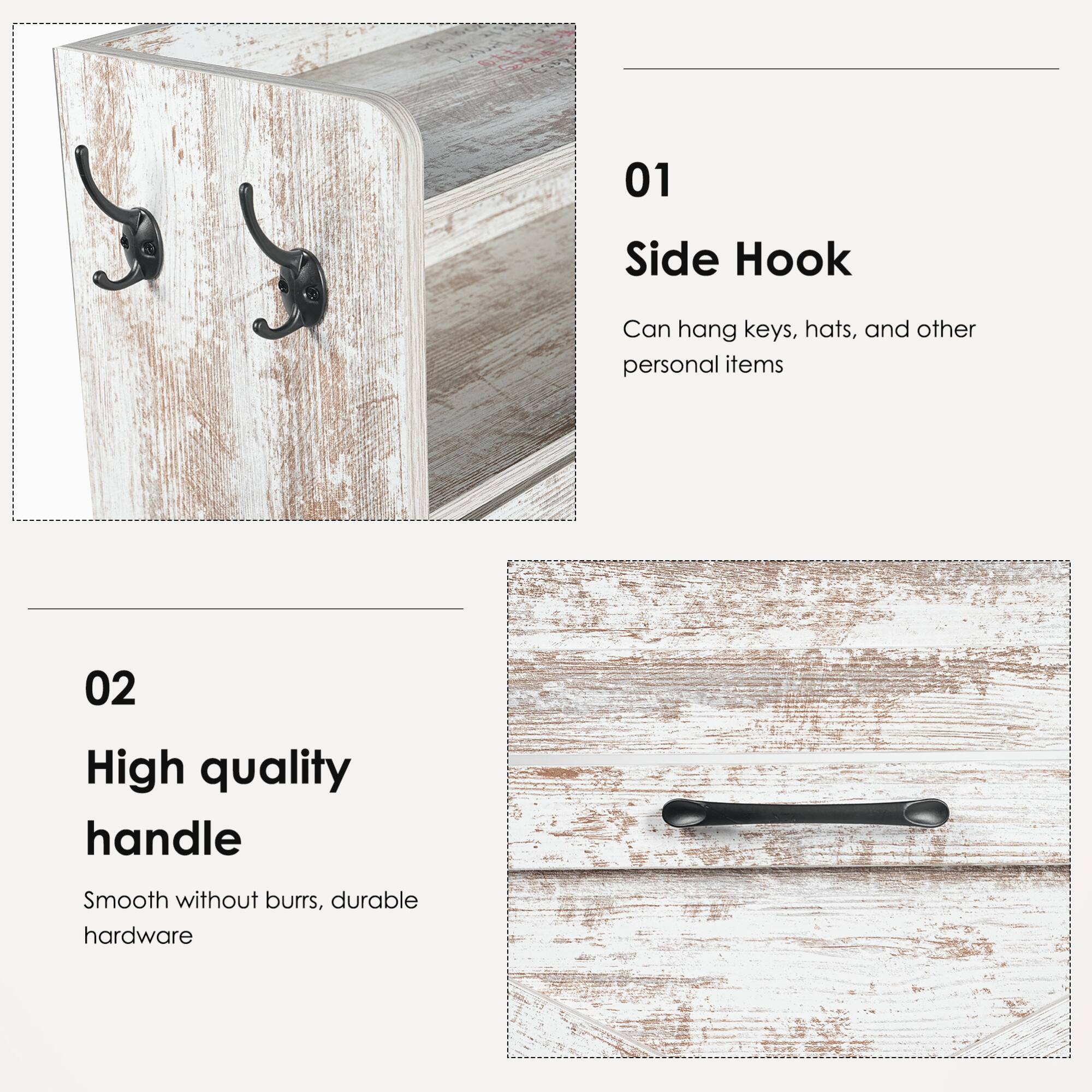 01 Side Hook  
Can hang keys, hats, and other personal items  

02 High quality handle  
Smooth without burrs, durable hardware