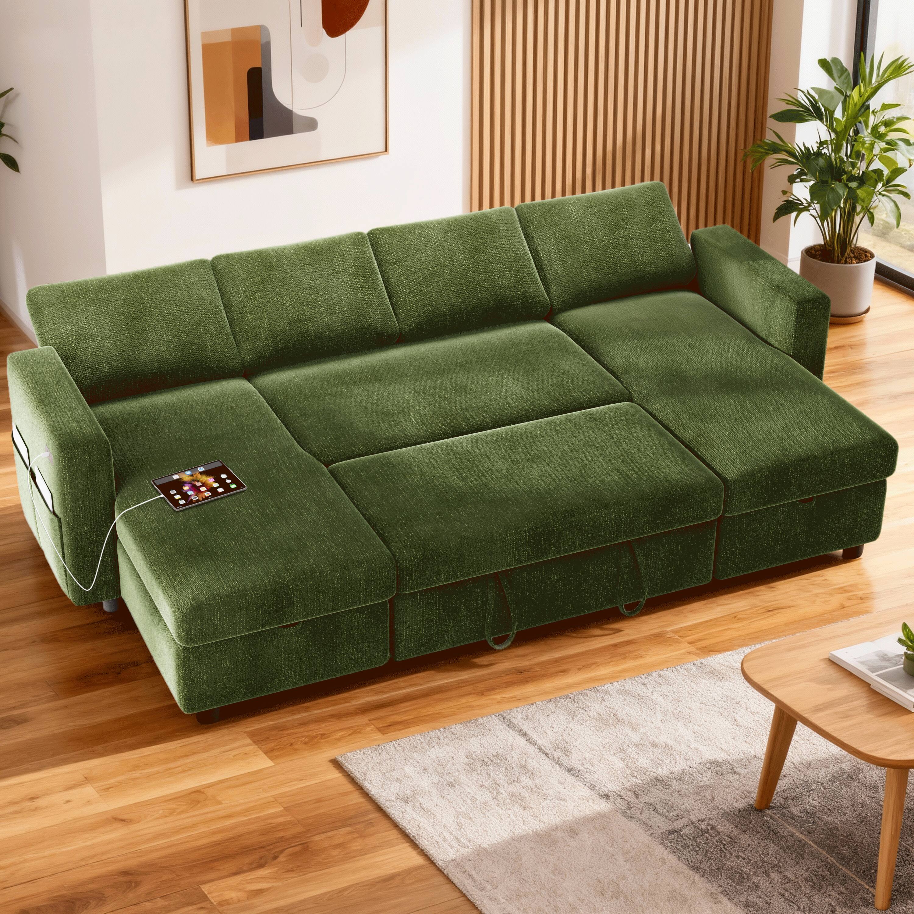 Angle. Vipbear - 81" U Shaped Pull Out Couches for Living Room with Storage Chaise, USB Port&Cupholder - Green.