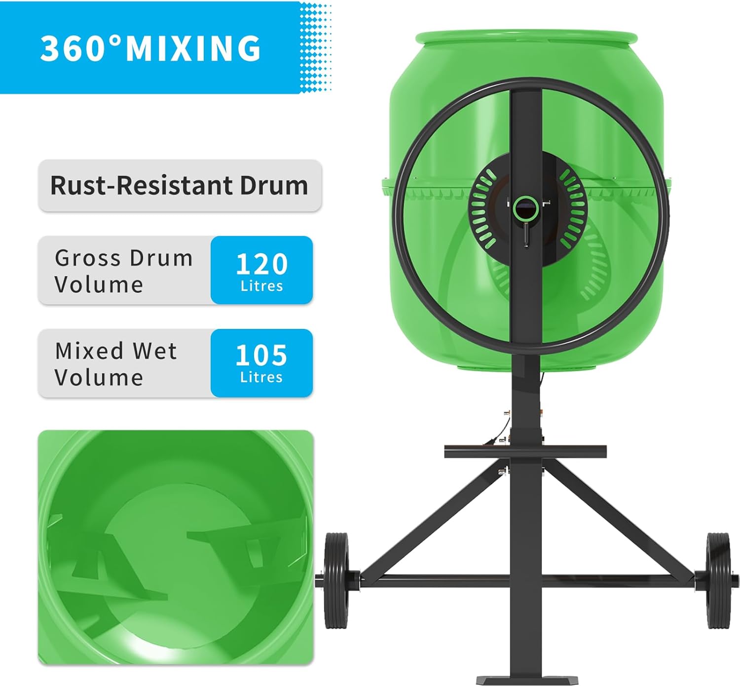 360° MIXING

Rust-Resistant Drum

Gross Drum Volume
120 Litres

Mixed Wet Volume
105 Litres