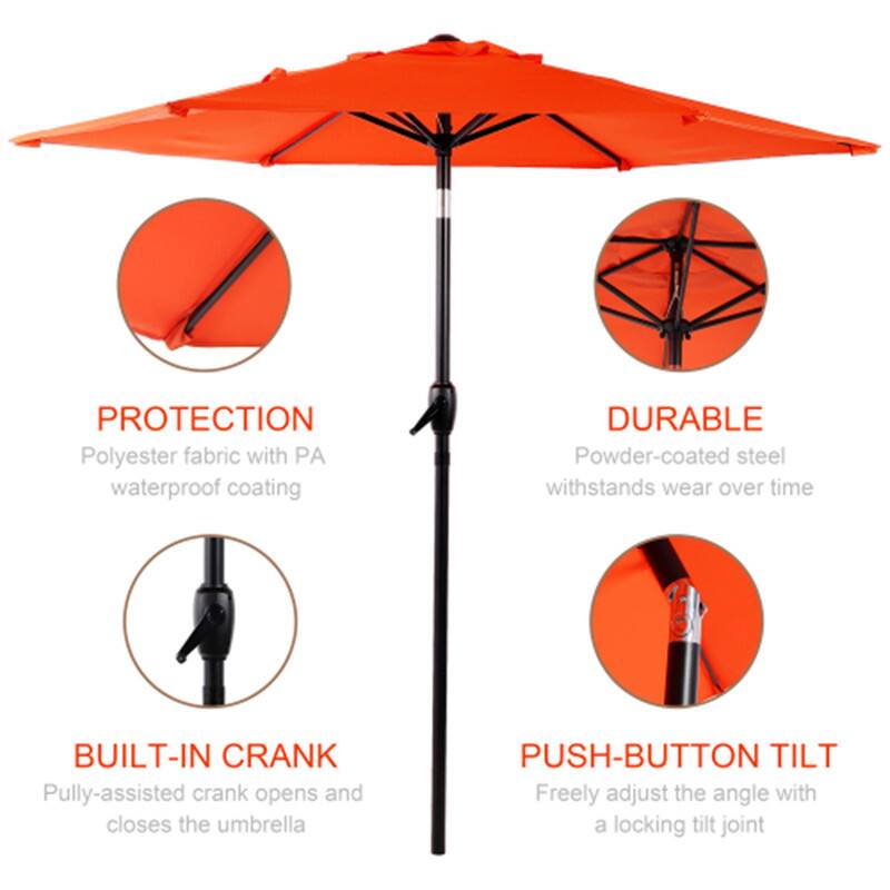 - PROTECTION: Polyester fabric with PA waterproof coating
- DURABLE: Powder-coated steel withstands wear over time
- BUILT-IN CRANK: Pulley-assisted crank opens and closes the umbrella
- PUSH-BUTTON TILT: Freely adjust the angle with a locking tilt joint