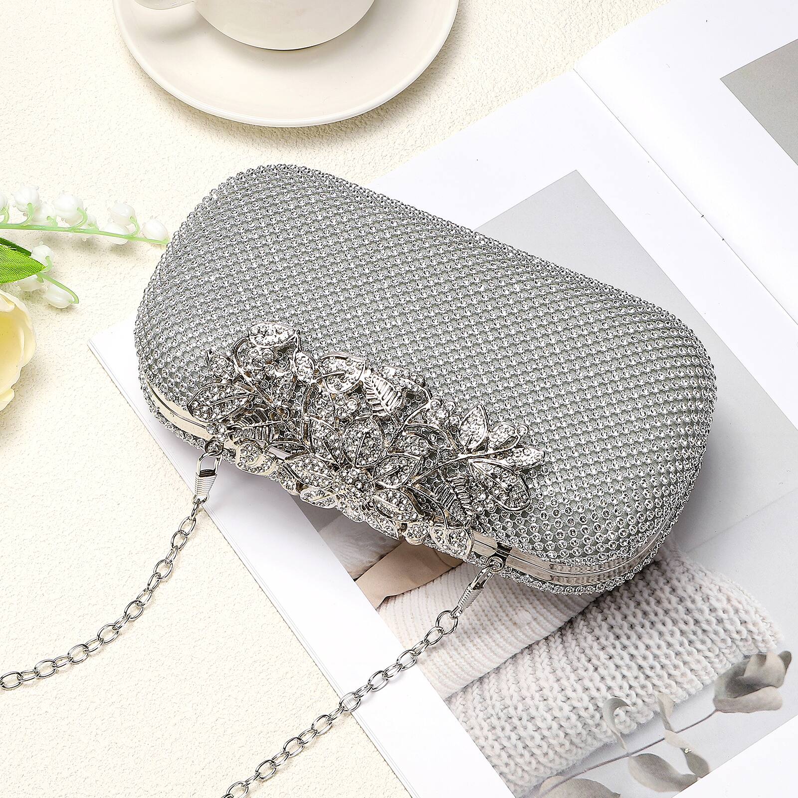 Alt View 5. Unique Bargains - Evening Clutch Purse Sparkly Rhinestone Square Bag for Women, Vintage Crystal Clasp Handbag for 1920s Party - Silver.