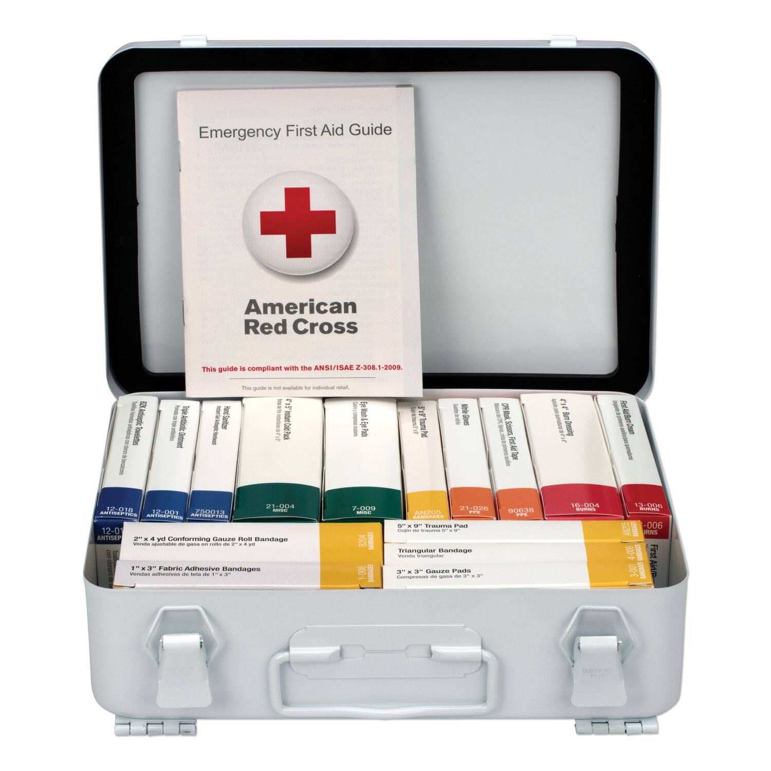 Emergency First Aid Guide  
American Red Cross  

This guide is compliant with the ANSI/ISEA Z308.1-2009.  

- 2" x 4 yd Conforming Gauze Roll Bandage  
- 1" x 3" Fabric Adhesive Bandages  
- 9" x 9" Trauma Pad  
- Triangular Bandage  
- 3" x 3" Gauze Pads