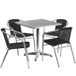 Emma + Oliver - 27.5" Square Aluminum Garden Patio Table Set with 4 Rattan Chairs - Black