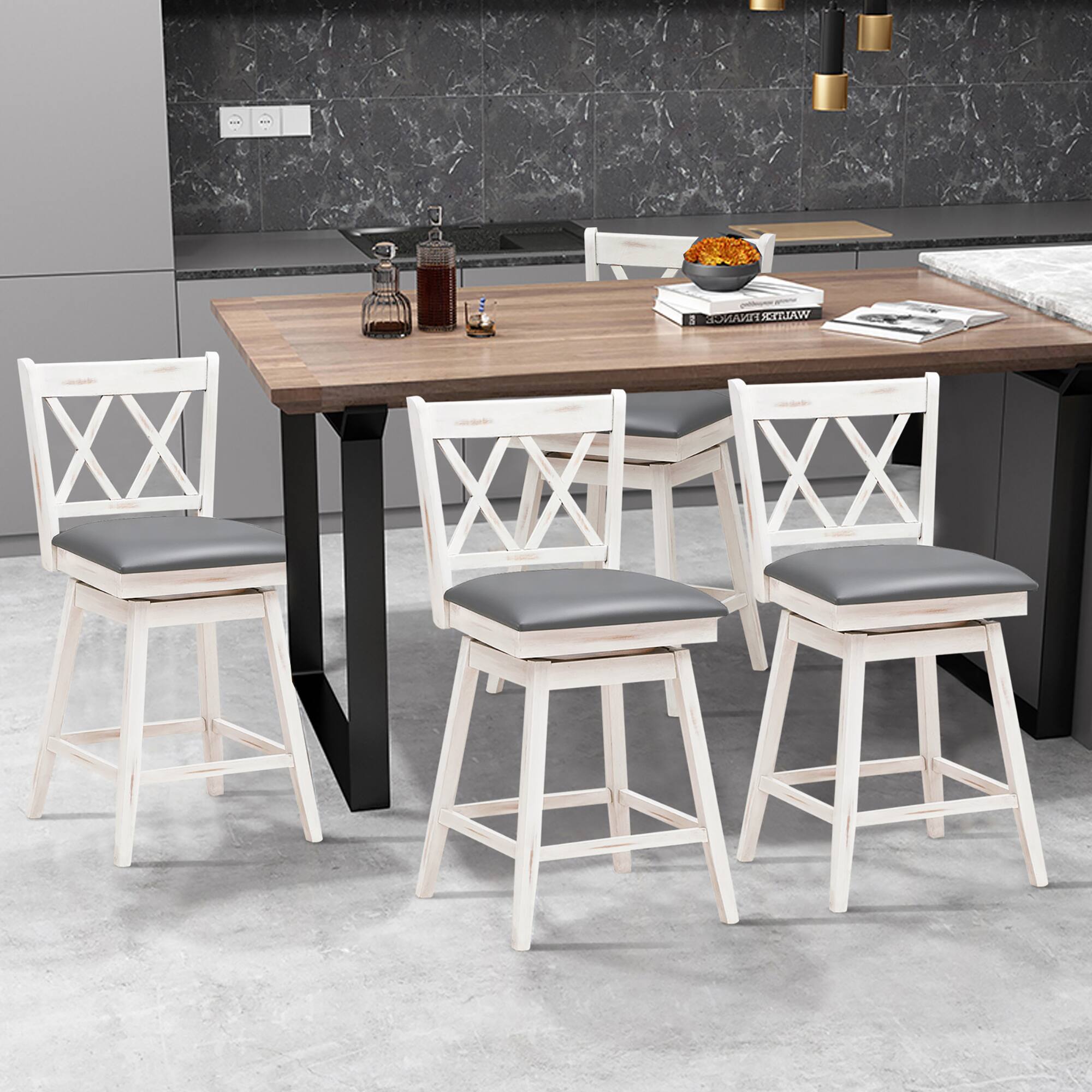 Alt View 2. Costway - Costway Set of 4 Barstools Swivel Counter Height Chairs w/Rubber Wood Legs - White.
