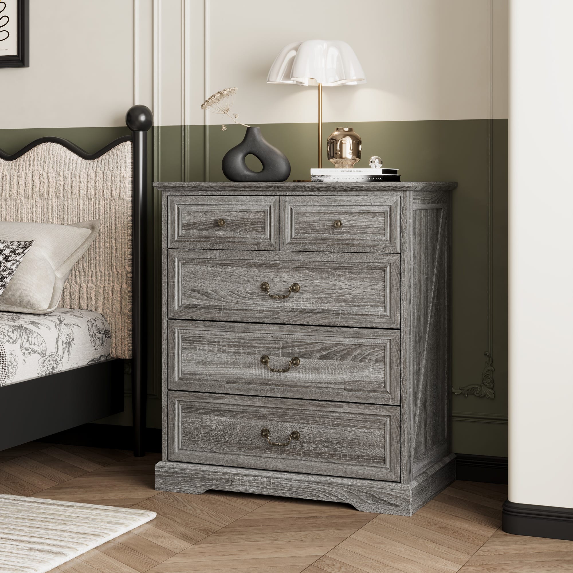 FUFU & GAGA Vintage 5 Drawer Dresser Chest Distressed Finish Bedroom Storage Organizer with Bronze Hardware for Clothes, Linens Distressed gray BBZJ-KF200318-02 - Best Buy FUFU & GAGA Vintage 5 Drawer Dresser Chest Distressed Finish Bedroom Storage Organizer with Bronze Hardware for Clothes, Linens Distressed gray BBZJ-KF200318-02 - Best Buy