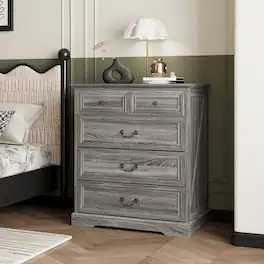 FUFU & GAGA - Vintage 5-Drawer Dresser Chest - Distressed Finish Bedroom Storage Organizer with Bronze Hardware for Clothes, Linens - Distressed gray
