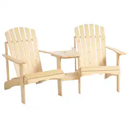 Outsunny - Pit Seating, 2 Wooden Adirondack Chairs with Outdoor Table & Umbrella Hole - Natural Wood Color