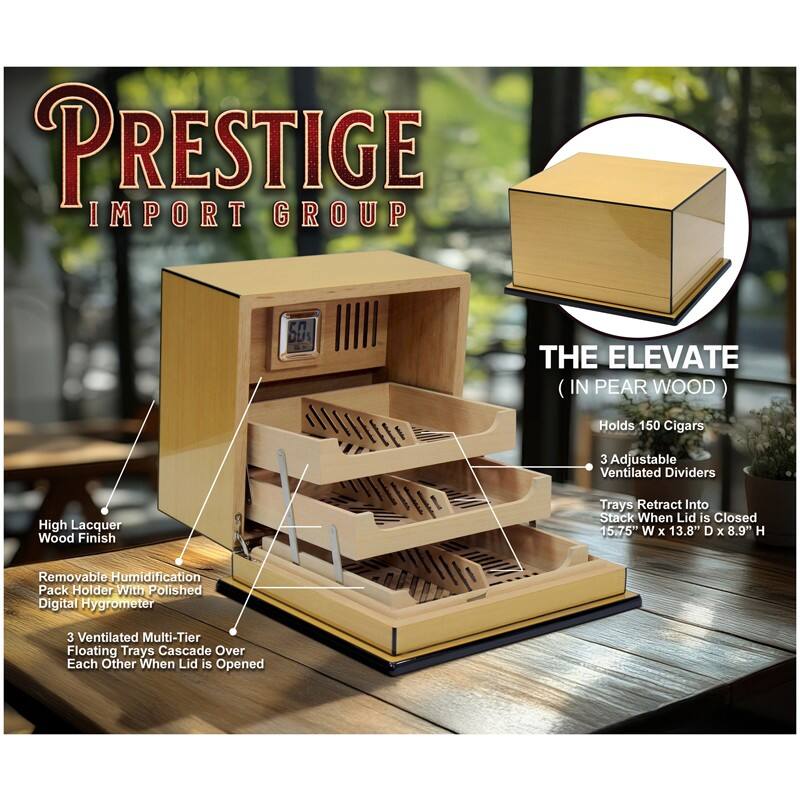 PRESTIGE IMPORT GROUP

THE ELEVATE IN PEAR WOOD

- Holds 150 Cigars
- 3 Adjustable Ventilated Dividers
- High Lacquer Wood Finish
- Trays Retract Into Stack When Lid is Closed
- 15.75" W x 13.8" D x 8.9" H
- Removable Humidification Pack Holder With Polished Digital Hygrometer
- 3 Ventilated Multi-Tier Floating Trays Cascade Over Each Other When Lid is Opened