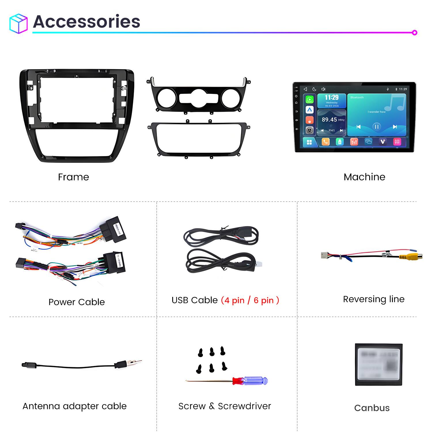 Accessories

- Frame
- Machine
- Power Cable
- USB Cable (4 pin / 6 pin)
- Reversing line
- Antenna adapter cable
- Screw & Screwdriver
- Canbus