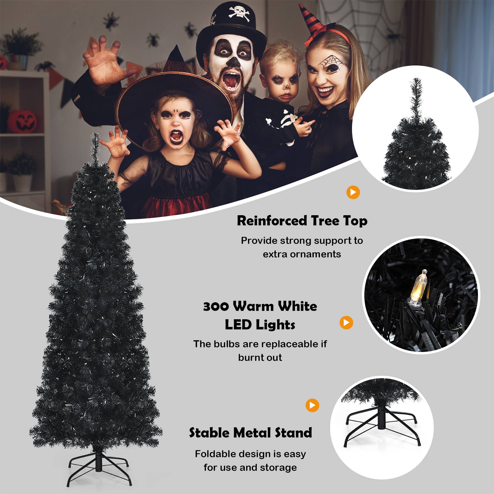 The image features a group of people, including a man, a woman, and two children, standing in front of a Christmas tree. The tree is decorated with black ornaments, and it has a reinforced tree top to provide strong support for extra ornaments. The tree is also adorned with 300 warm white LED lights, which are replaceable if burnt out. The tree is placed on a stable metal stand, and its design is foldable, making it easy for use and storage.