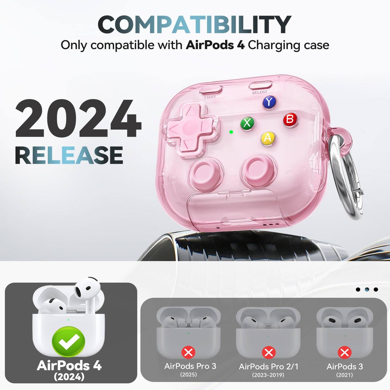 COMPATIBILITY  
Only compatible with AirPods 4 Charging case  

2024 RELEASE  

AirPods 4 (2024) ✓  
AirPods Pro 3 (2025) ✗  
AirPods Pro 2/1 (2023-2019) ✗  
AirPods 3 (2021) ✗