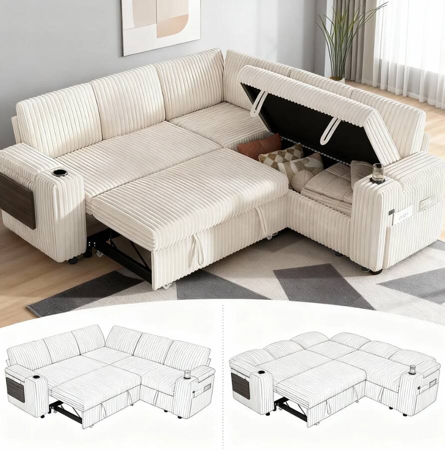 Dyonery - 85" Modular 5 Seat L Shaped Couch with Reclining Backrest|USB Ports|Cup Holders|Side Table|Storage Chaise Armrests - Beige