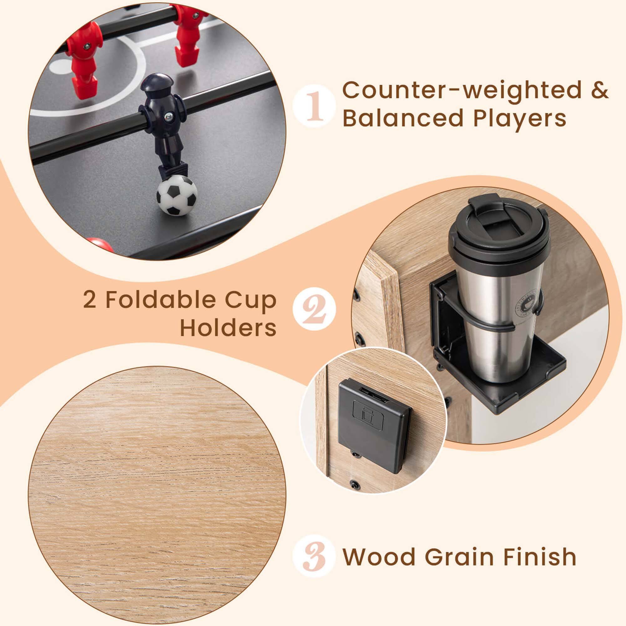 1. Counter-weighted & Balanced Players  
2. 2 Foldable Cup Holders  
3. Wood Grain Finish
