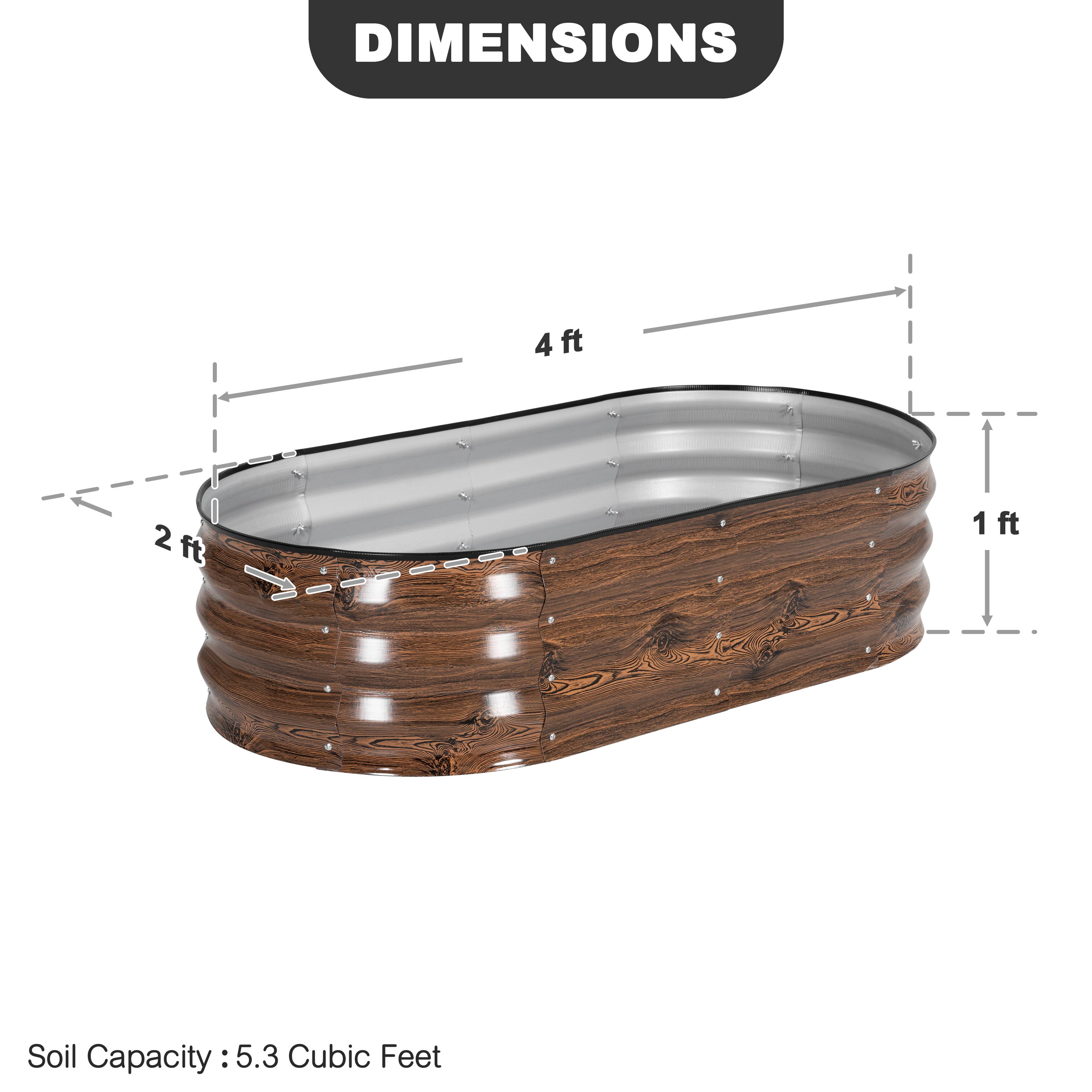 DIMENSIONS
4ft
2ft
1ft
Soil Capacity: 5.3 Cubic Feet