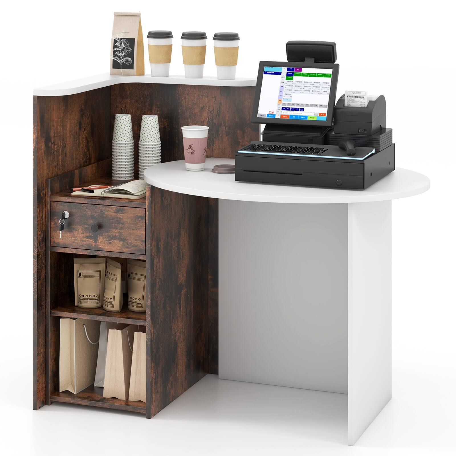 Back. SlickBlue - Office Reception Desk with Lockable Drawer & Open Shelf – Professional Workstation - Rustic Brown.