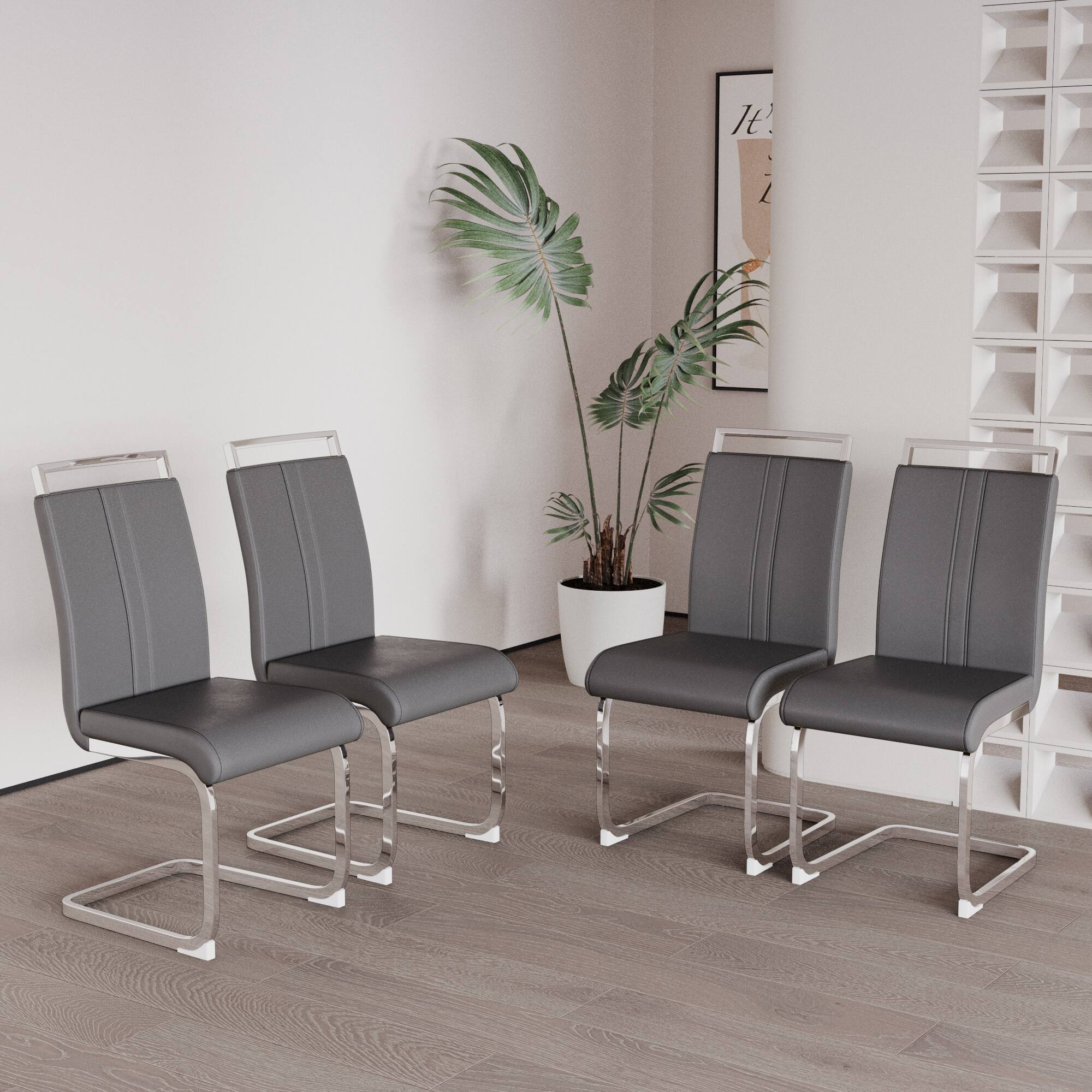Left. TinyHomie - Set of 4 Grey PU Leather High Back Dining Chairs C-Shaped Metal Legs - gray.