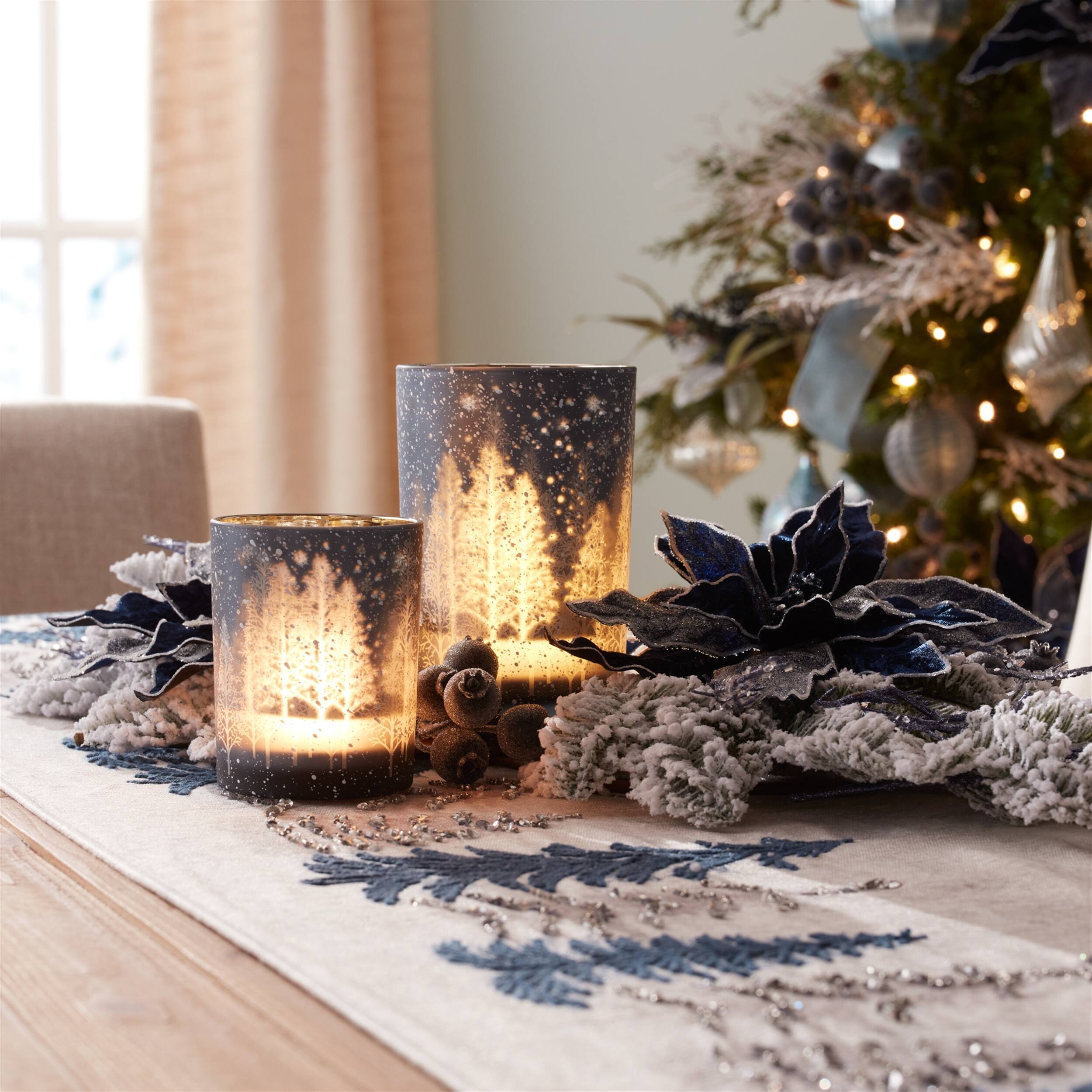 Alt View 1. BreeBe - Navy Pine Tree Glass Candle Holder (Set of 2) - Blue, Gray.