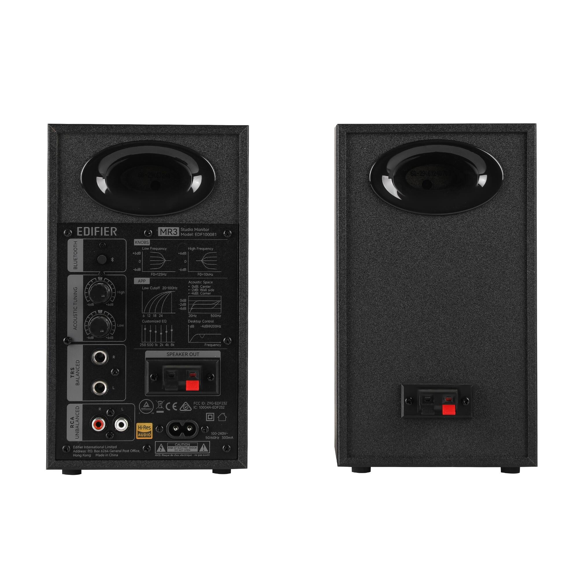 EDIFIER  
MR3 Studio Monitor  
Bluetooth  
Acoustic Tuning  
Frequency Response: 30Hz - 20kHz  
High Frequency: 20kHz  
Low Frequency: 30Hz  
TRS Balanced RCA Unbalanced  
Speaker Out  
Hi-Res Audio  
Edifier International Limited  
Made in China