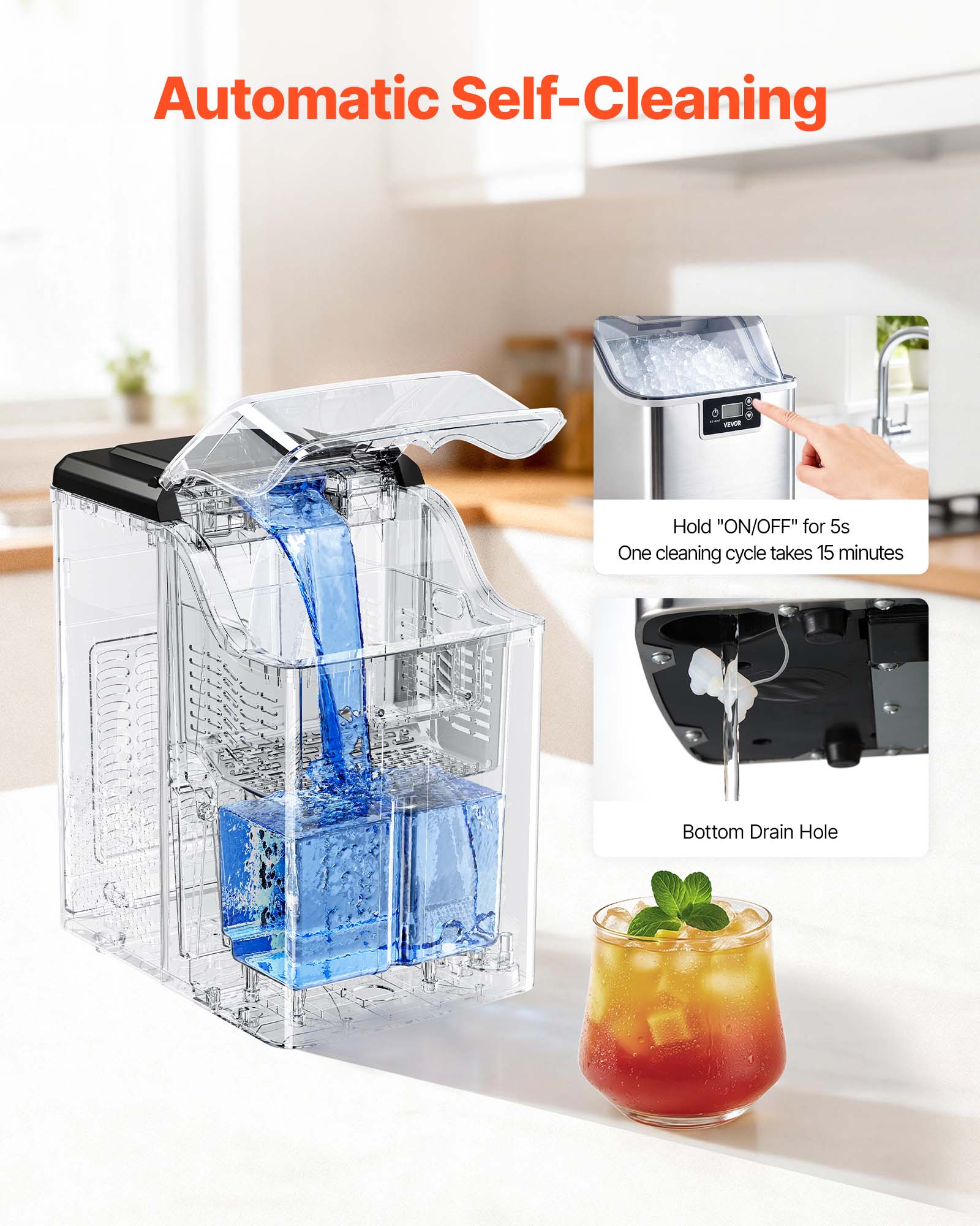 Automatic Self-Cleaning

Hold "ON/OFF" for 5s  
One cleaning cycle takes 15 minutes

Bottom Drain Hole