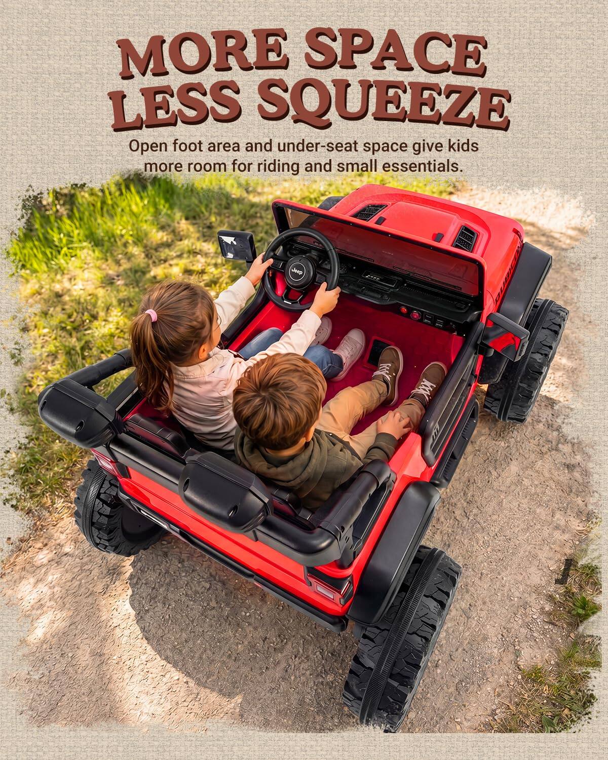 MORE SPACE LESS SQUEEZE  
Open foot area and under-seat space give kids more room for riding and small essentials.