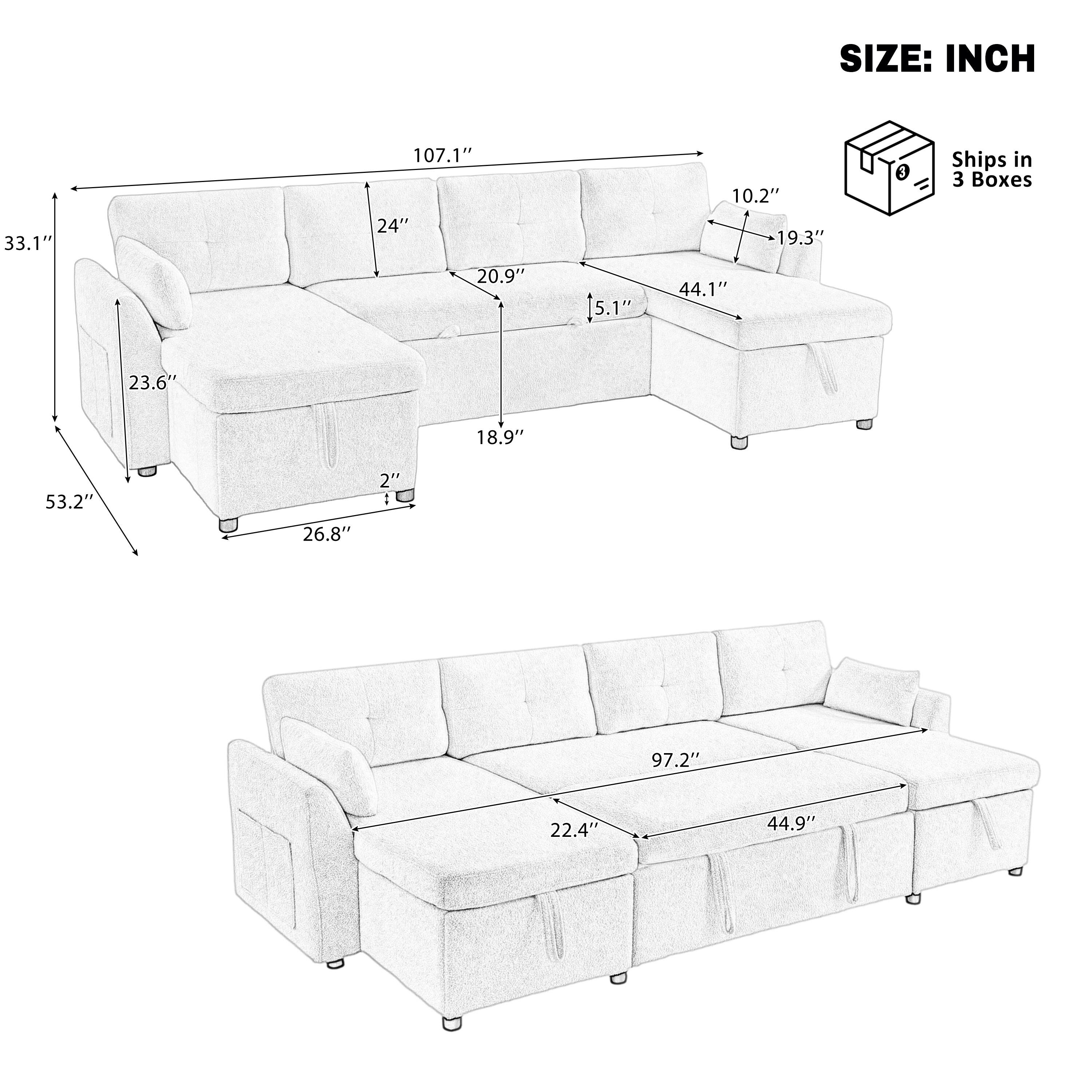 SIZE: INCH  
33.1" 107.1" 24" 10.2" 19.3"  
Ships in 3 Boxes  
20.9" 5.1" 44.1" 23.6" 18.9" 53.2" 26.8" 2" D 97.2" 22.4" 44.9"