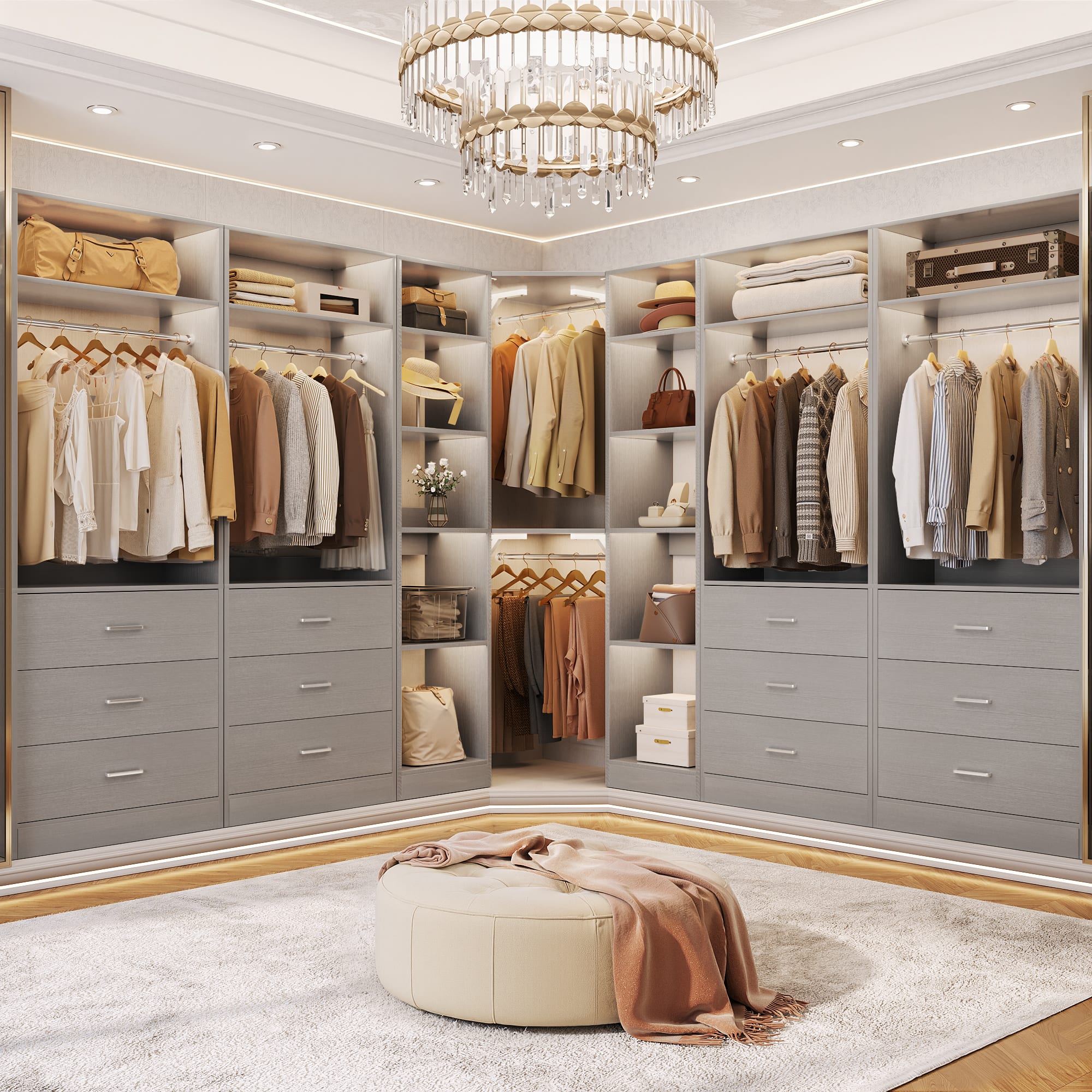 Aheaplus Reversible L Shaped Walk in Closet: 6 Drawers, 20+