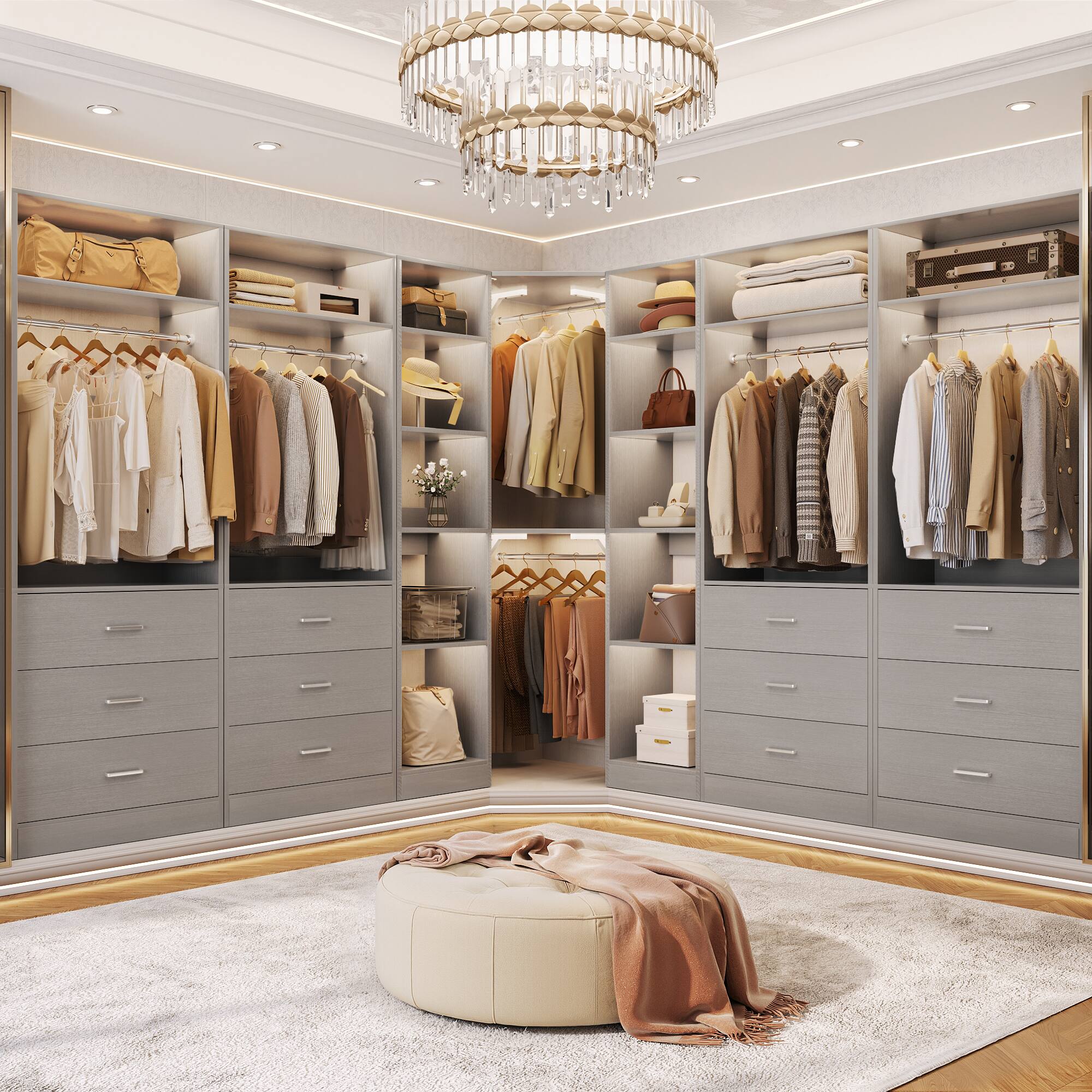 Alt View 3. Aheaplus - Reversible L Shaped Corner Walk-in Closet System - 6 Drawers, 20+ Shelves, 4 Hanging Rods, 2500+LBS Load,63.2"L-87.2"L. - Gray.