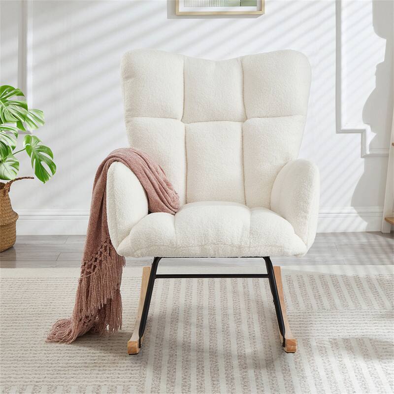 Angle. HTUTWOO - Glider Chair for Living Room - Tufted Upholstered Teddy Fabric Rocking Chair, Metal Frame Accent Chair - Ivory.